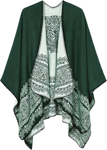 Women's Vintage Colour Blocking Scarf Wrap Open Front Poncho Oversized Winter Blanket Elegant Cape Coat