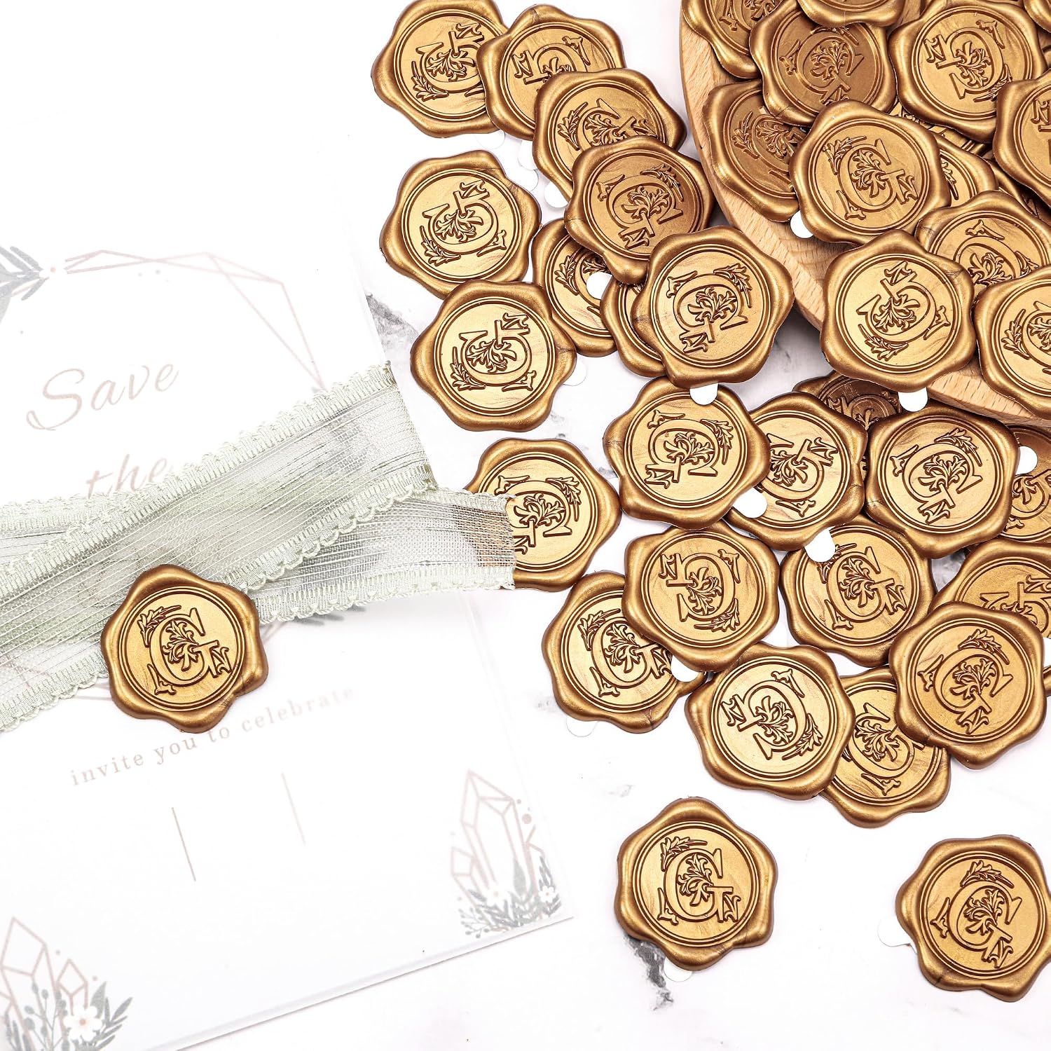 Yoption 50Pcs Initial G Wax Seal Stickers, Retro Antique Gold Letter Self Adhesive Envelope Seal Stickers for Wedding Party Birthday Christmas (G)