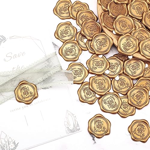 Miniatura 5 de Yoption 50 calcomanías adhesivas de cera con letra inicial del alfabeto G, calcomanías de sello de cera de letras doradas antiguas, sellos de sobre,