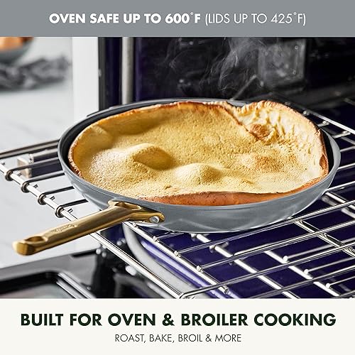 Miniatura 5 de GreenPan Juego de 8 ollas y sartenes de cerámica anodizada dura, antiadherentes, asas de acero inoxidable en tono dorado, sin PFAS y PFOA, apto para