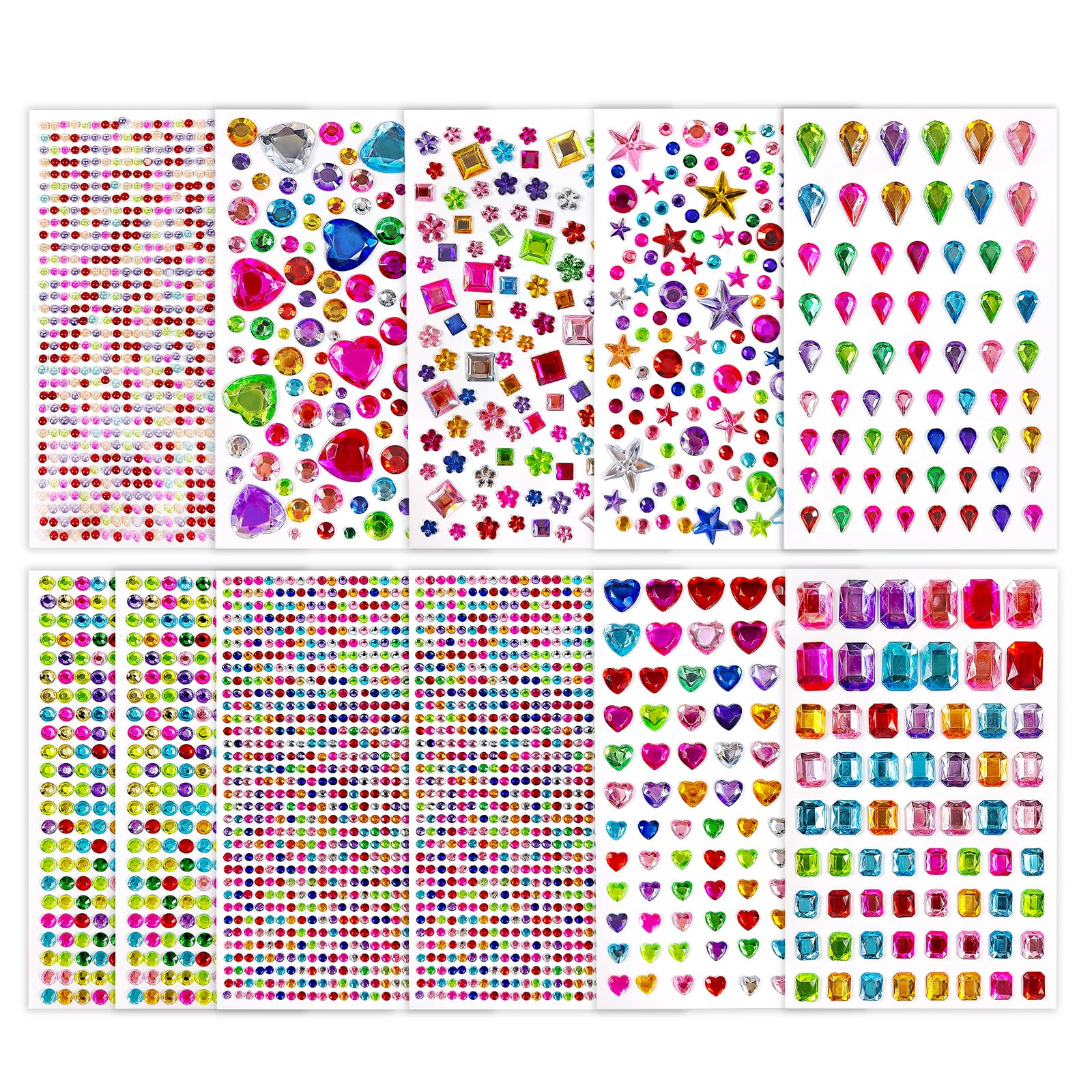 Sularpek 3822 Pcs Gem Stickers, 11 Sheets Self Adhesive Gems, Multicoloured Stick on Gems, Sticky Gems, Rhinestone Stickers, for Crafts, Scrapbooking, DIY & Face Decorations