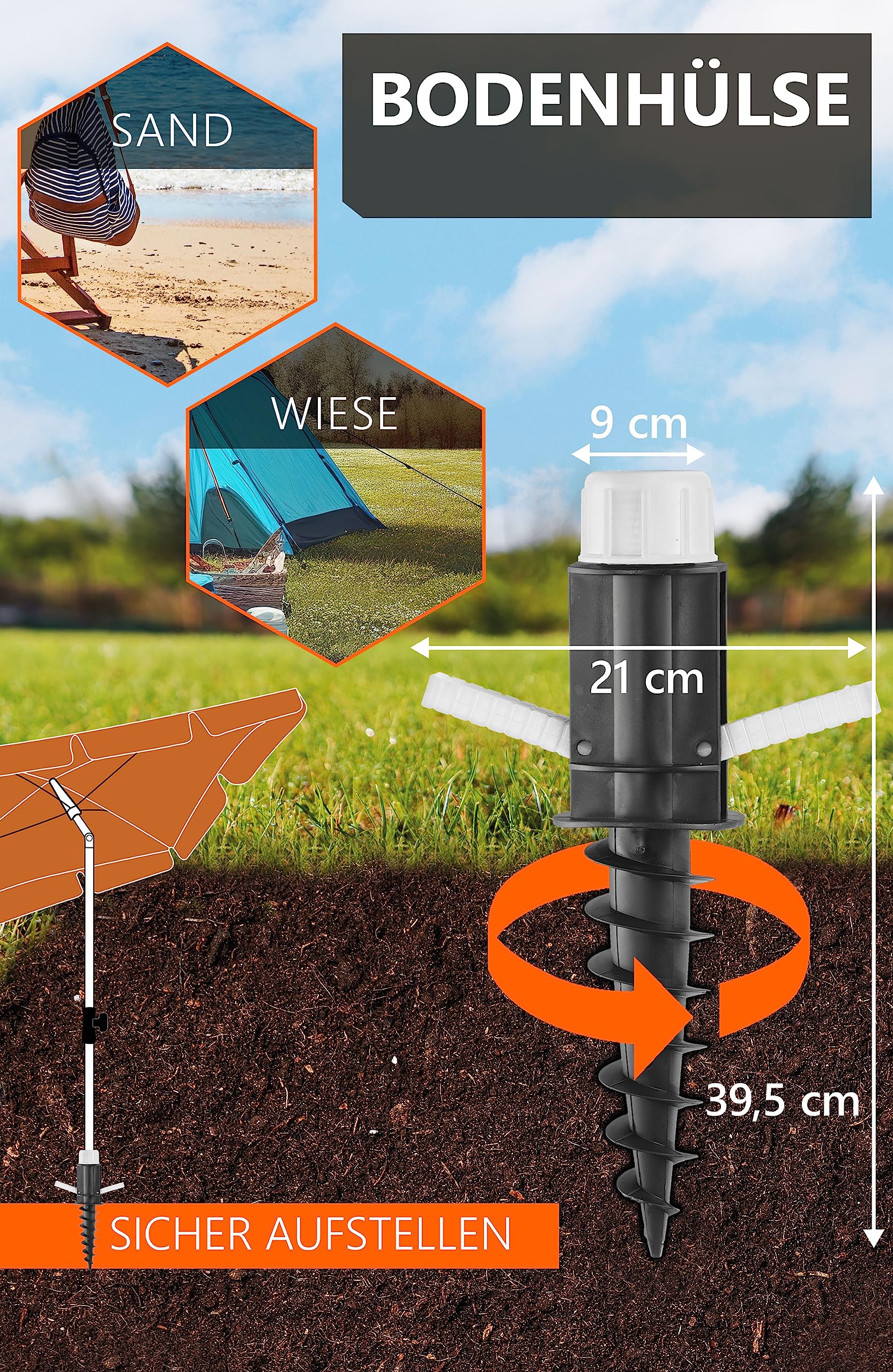 4smile 3-IN-1 SET Sonnenschirm Strand - UV50+ Strandschirm windfest stabil rechteckig + Bodenhülse + Sonnenschirm Schutzhülle – Sonnenschutz für Strand, Anthrazit