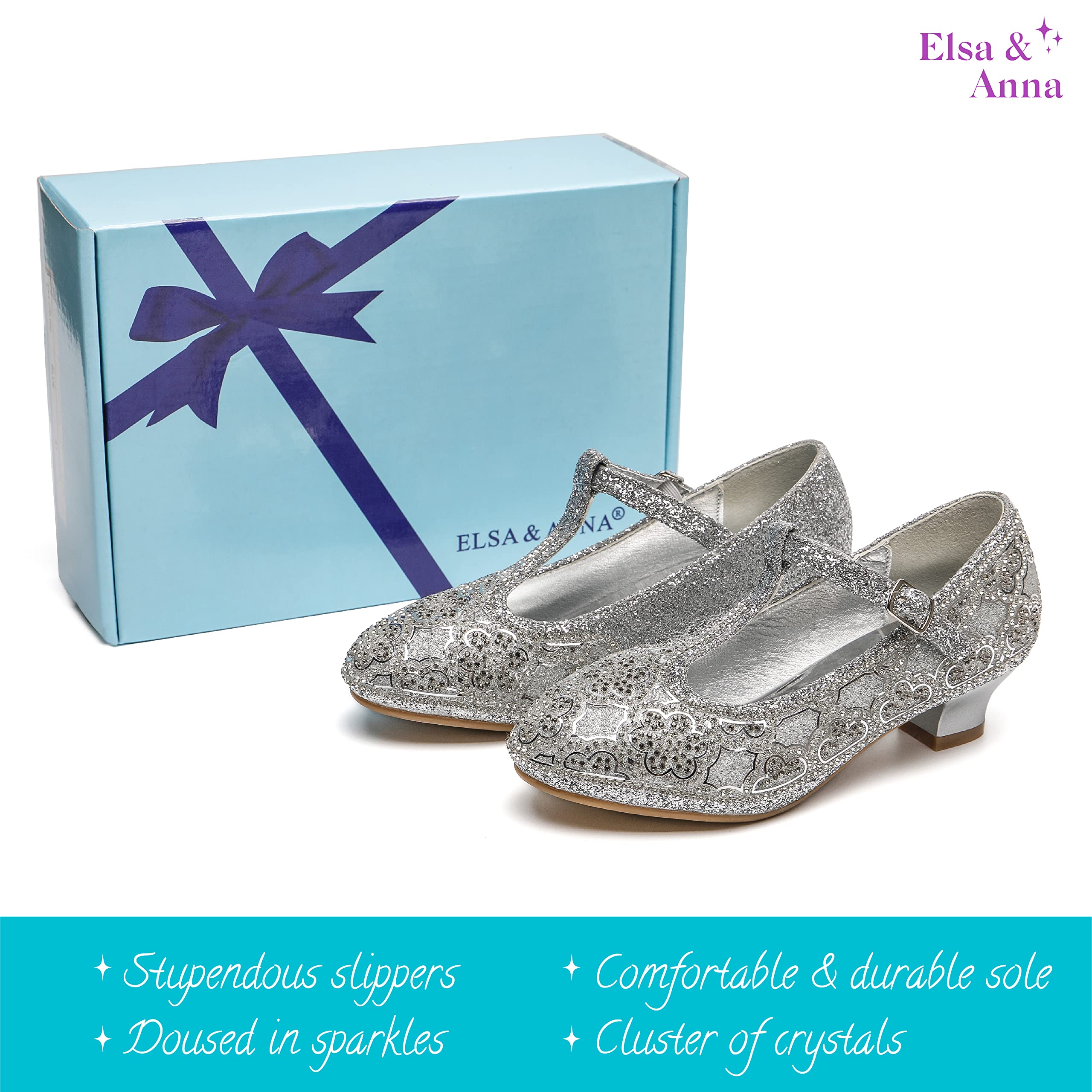 ELSA & ANNA niña Zapatos de princesa - 3 cm tacón - Zapatos de fantasía con brillos y cristales - Para fiestas, cumpleaños y cosplay - Tacones niña princesa (SIL21)