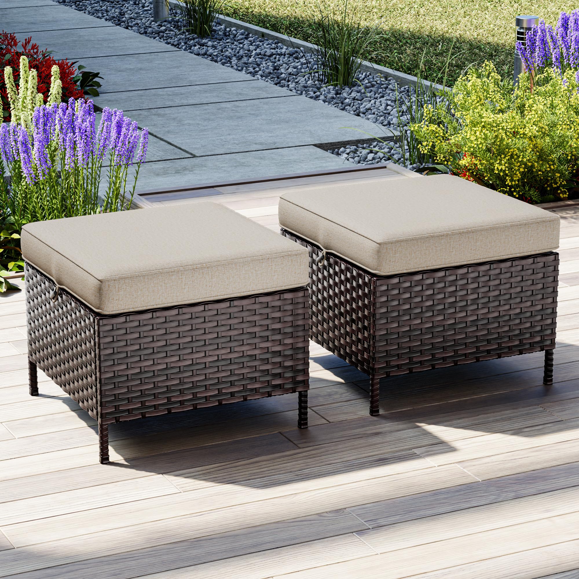 Joyside 2 Pieces Outdoor Patio Ottoman, All Weather Rattan Wicker Ottoman Seat, Patio Rattan Furniture, Outdoor Footrest Seat with Soft Cushion, Wicker Ottoman Seat for Patio, Garden, Poolside (Beige)