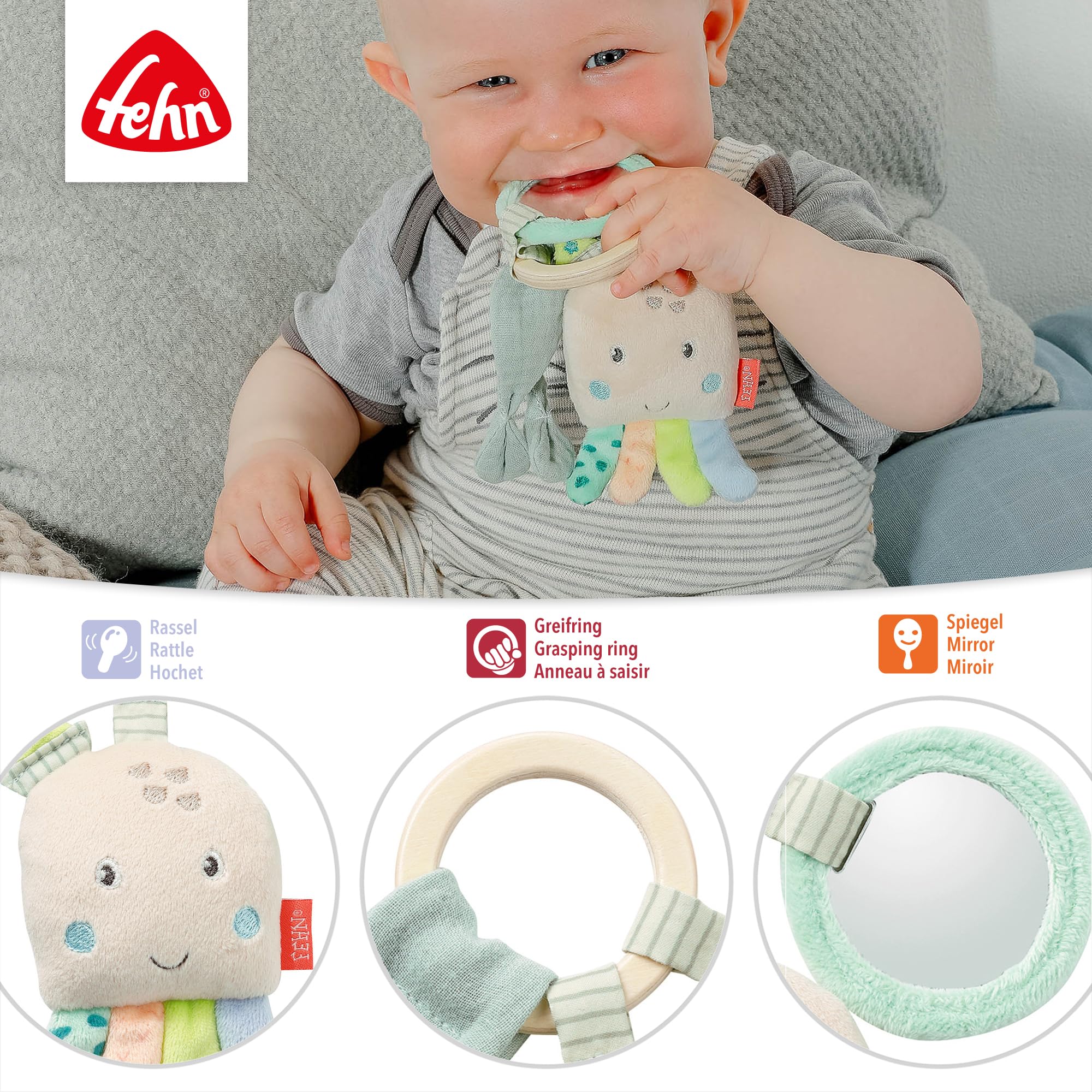 Fehn – Pieuvre D’activités Sensorielle – Jouet Suspendu 0 Mois – Hochet, Miroir, Anneau De Dentition – Pince De Fixation