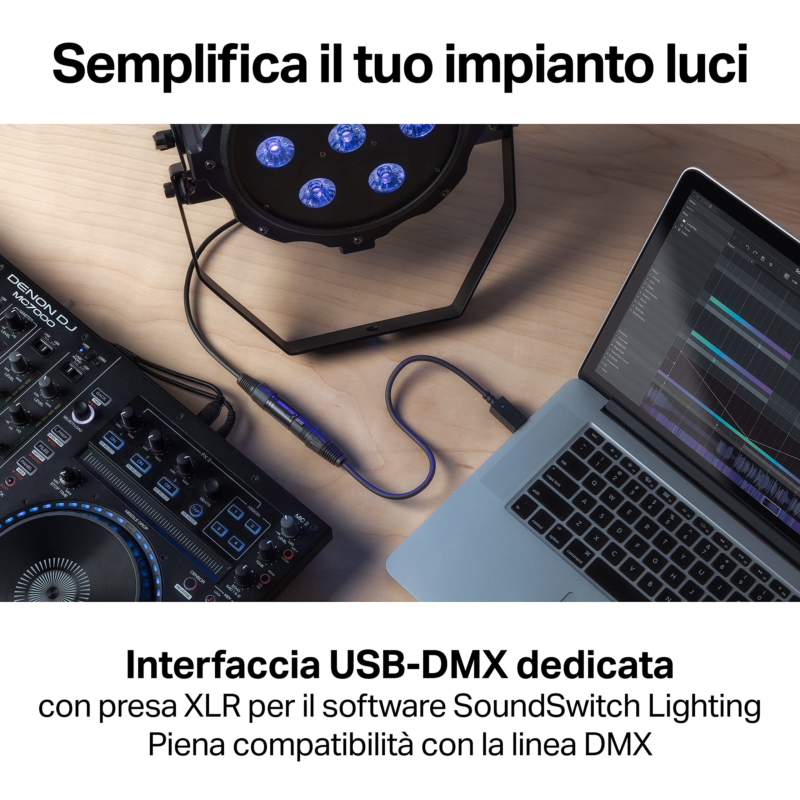 Numark Mixtrack Pro FX + SoundSwitch DMX Micro Interface – Console DJ con 2 deck, Mixer DJ, Scheda Audio, Jog Wheel Capacitive e FX + Interfaccia Compatta USB-DMX