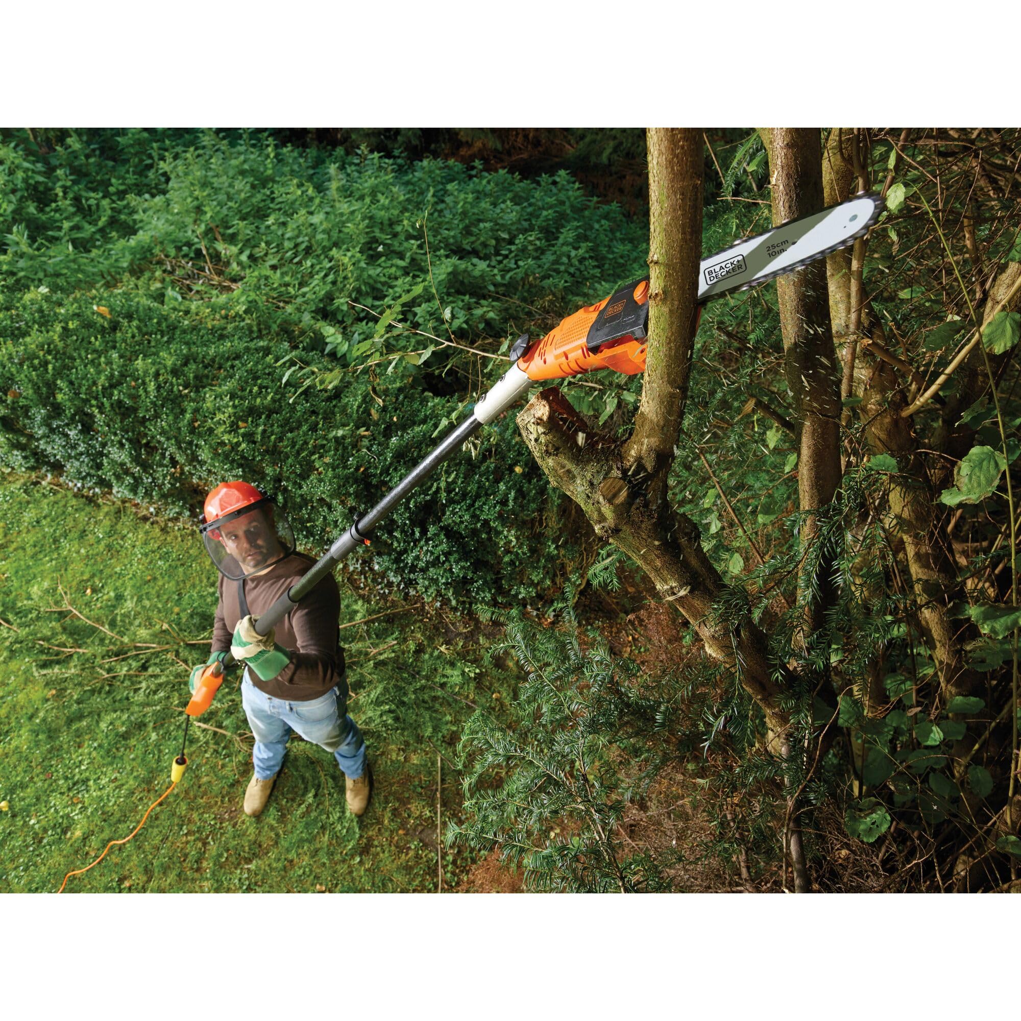BLACK+DECKER Motosierra telescópica (pértiga), 800 W, 25 cm de longitud de espada, 2,7 m de longitud, 11 m/s, velocidad de cadena de 11 m/s, cabezal giratorio, PS7525-QS