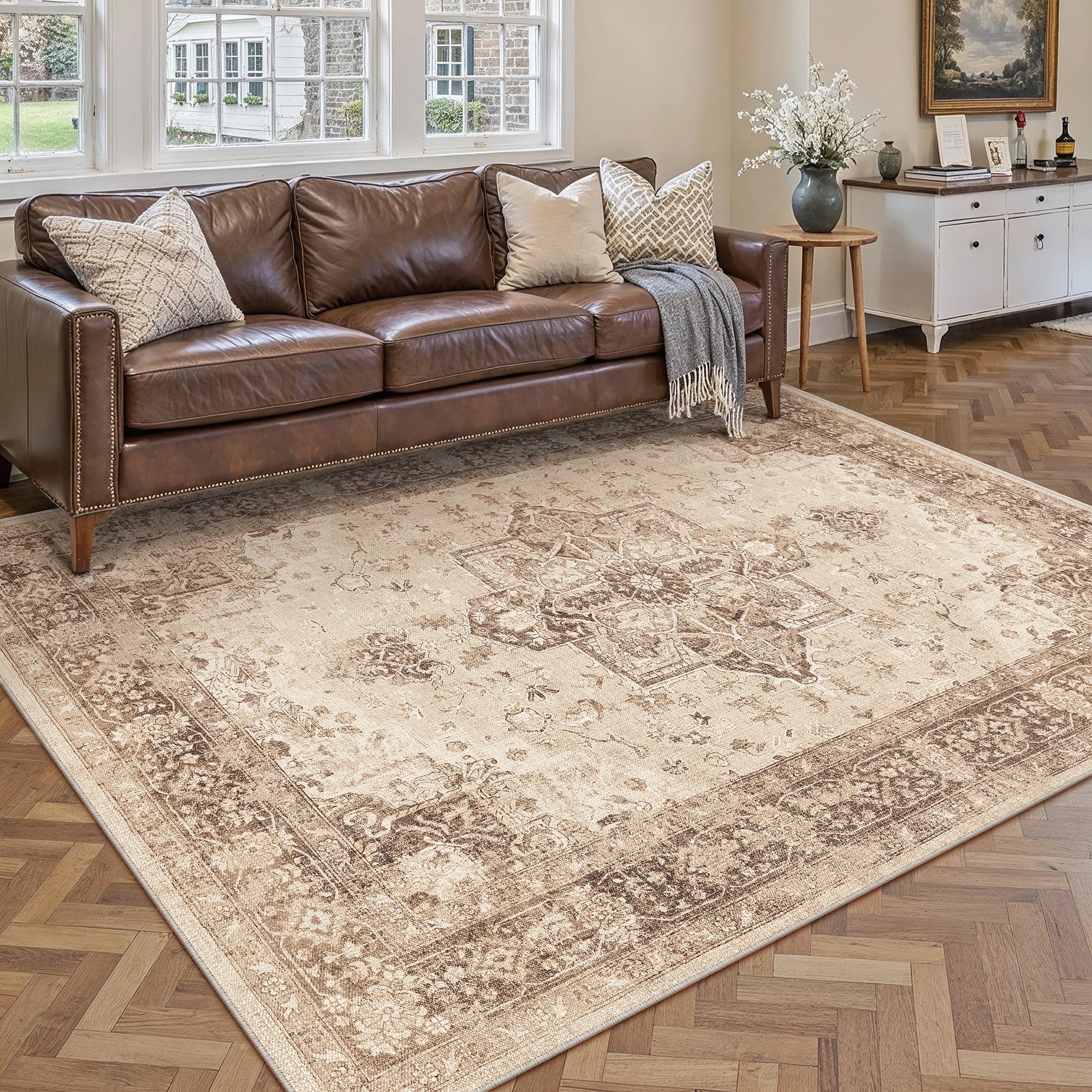 PureCozy Vintage Rugs Living Room Area Rug 140x200cm Washable Brown Bedroom Large Non Slip Soft Carpet Kitchen Bedroom Dining Room Office Indoor Low Pile Carpets โ image 1