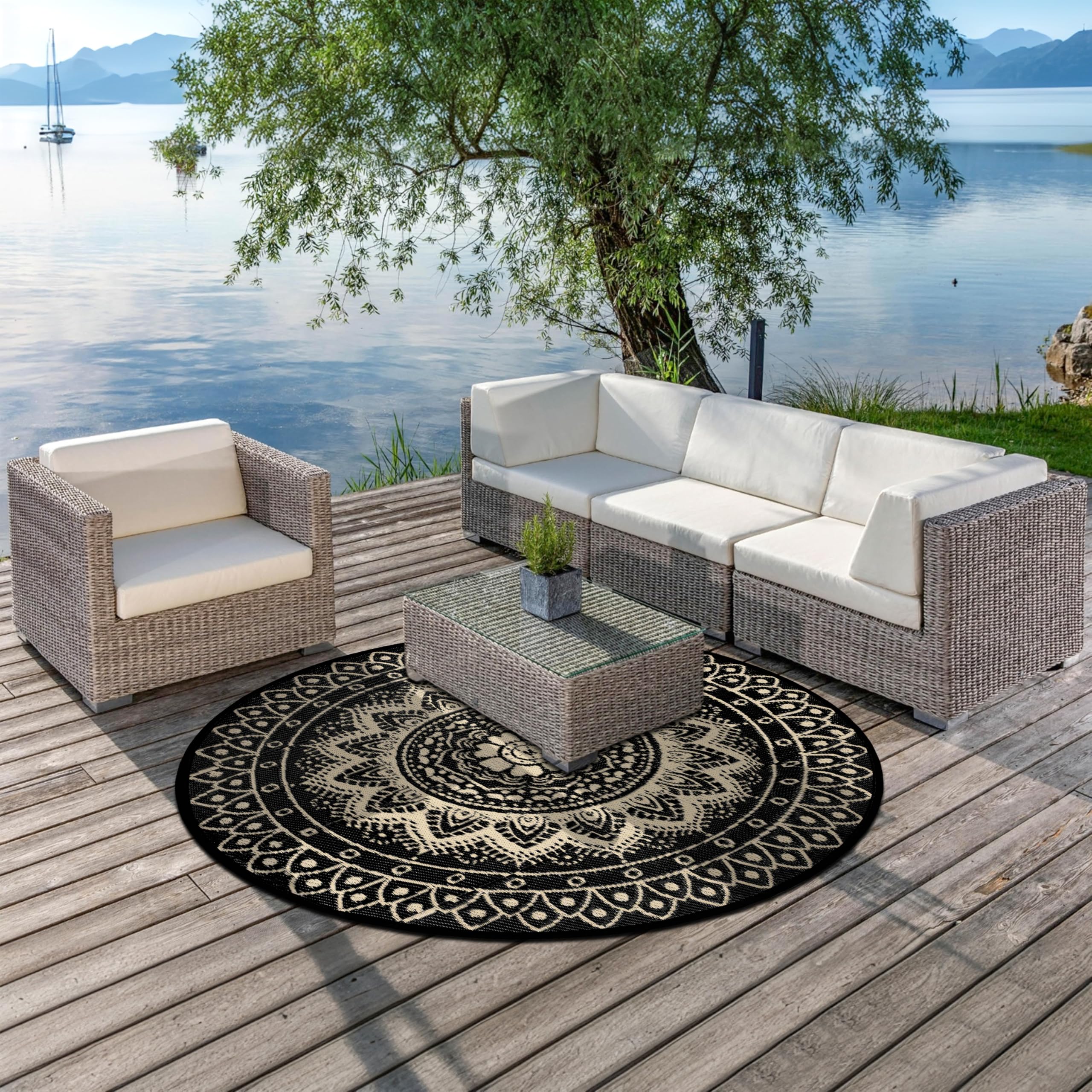 Tapis d'extérieur Rond pour terrasse 150cm réversible imperméable et Pliable bohème pour Camping-carTapis de Pique-Nique et de Camping pour RV, Balcon, Plage, terrasse, Noir/Marron