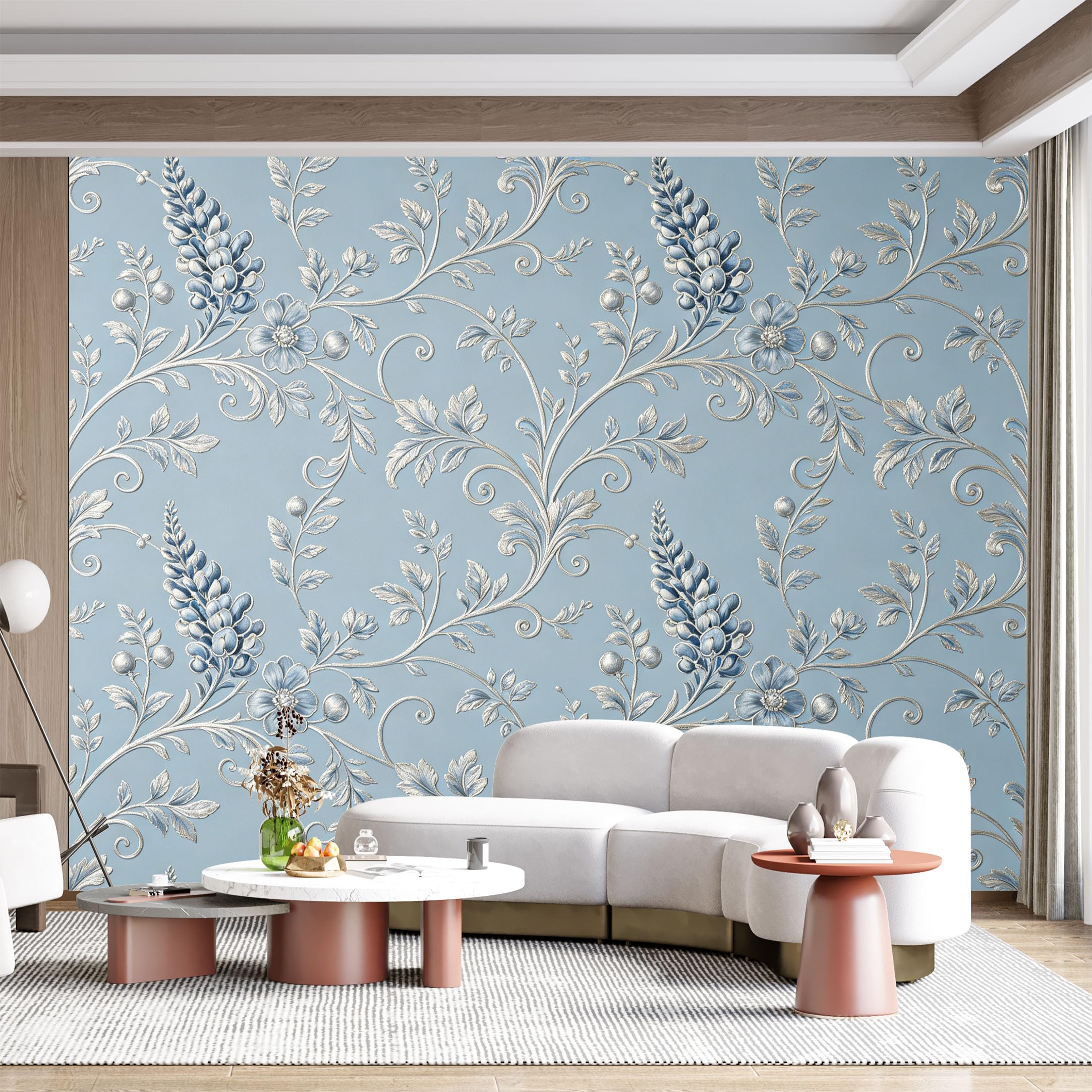 Custom Size Wall Mural Blue Floral Vine Scrollwork Botanical Victorian Textured Floral Style SelfAdhesive Wall Fabric Removable for Home Office Decor