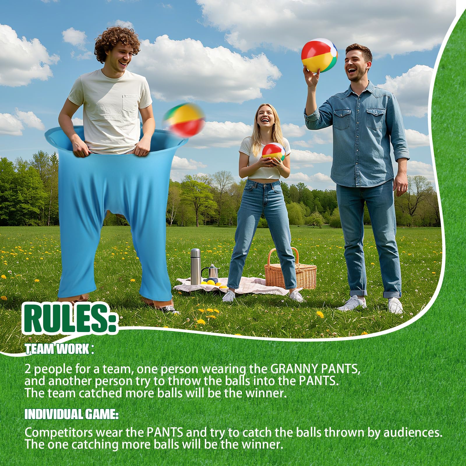 Granny Pants Outdoor-Spielsets enthalten 2 freaky Spiele Hosen mit 8 Hüpfbällen und 2 Markierungshütchen und 1 Luftpumpe, lustige Riesen-Party-Hof-Spiele für Feldtag, Familie, Erwachsene