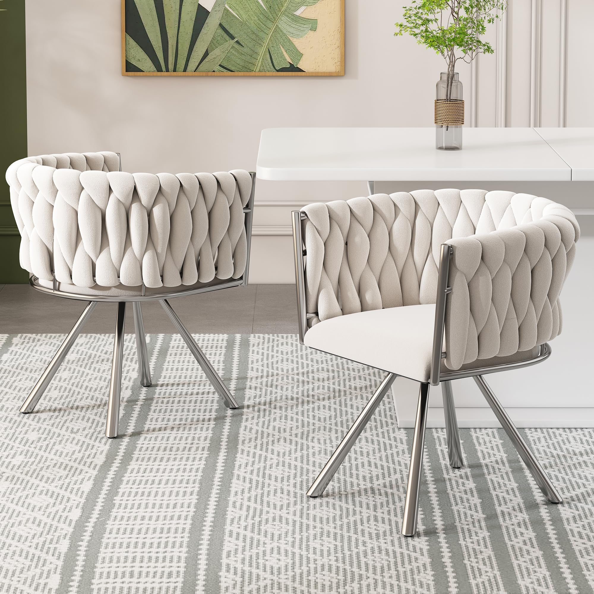 ModernLuxe Set of 2 Velvet Swivel Dining Chairs, Silver Legs, Beige