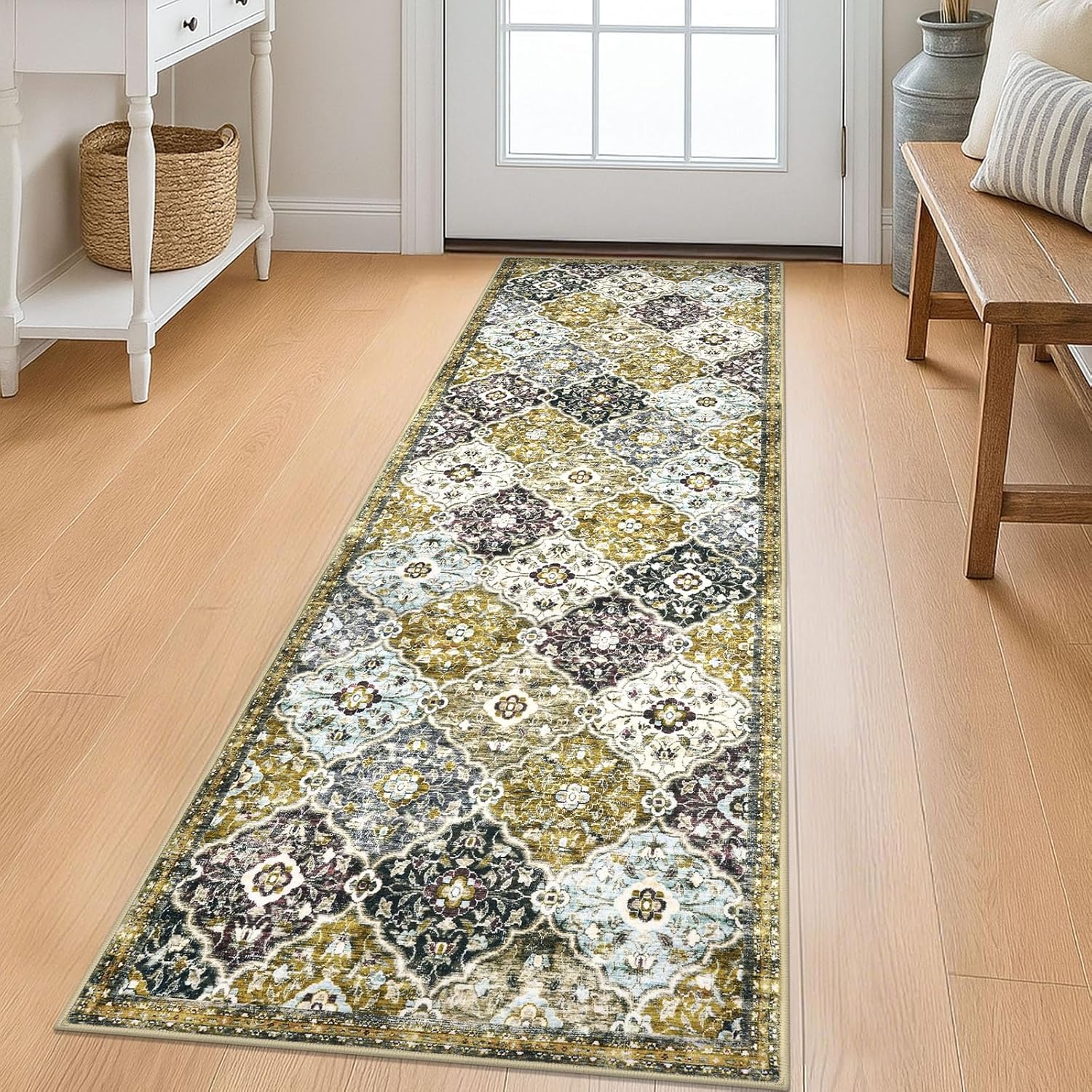 KILOCOCO 2x6 Runner Rug, Moroccan Super Soft Washable Hallway Entryway Runner Rug, Accent Print Faux Wool Kitchen Runner Rug 6 Feet Non-Slip Boho Rug Runners for Laundry Room Bedroom, Gold/Multi
