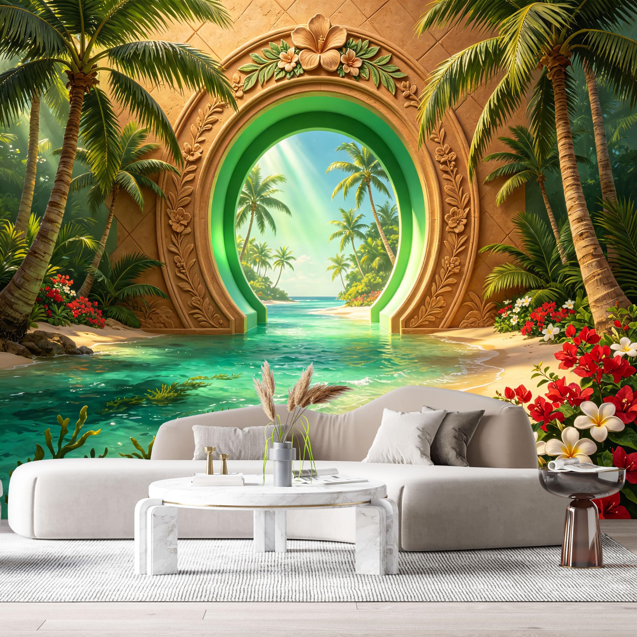 Custom Size Wall Murals Tropical Archway Beach Ocean Palm Trees 3D Trompe L'Oeil SelfAdhesiveWall Fabric Removable Wallpaper Wall Decor for Living Room Bedroom Bathroom