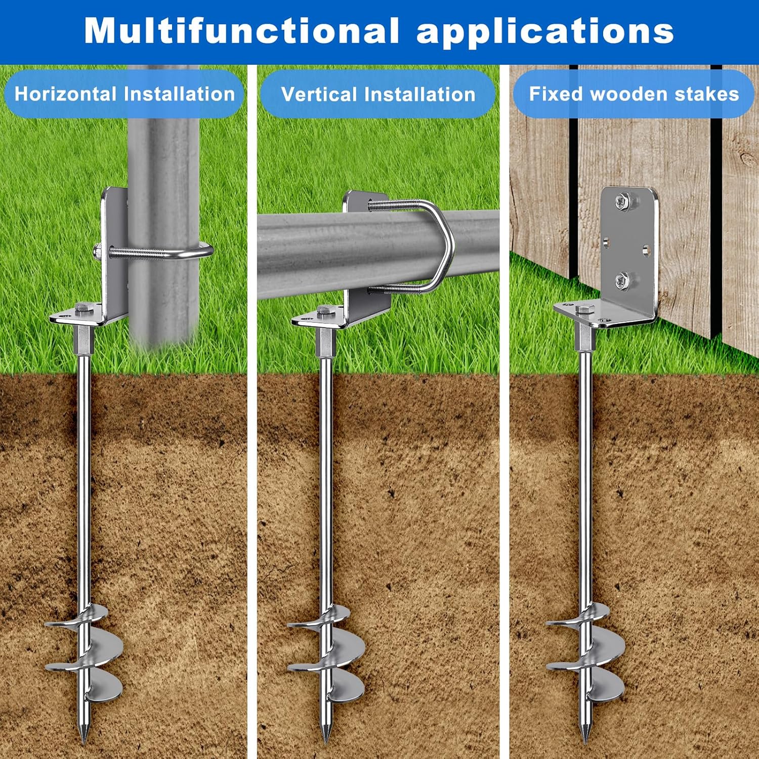 30" Heavy Duty Screw in Ground Anchors Kit, 3" Spiral Windproof Earth Anchors for Trampoline, Shed, Swing Set & Mobile Home, Fully Welded Steel with Nut Driver Drill Bit (Set of 6)