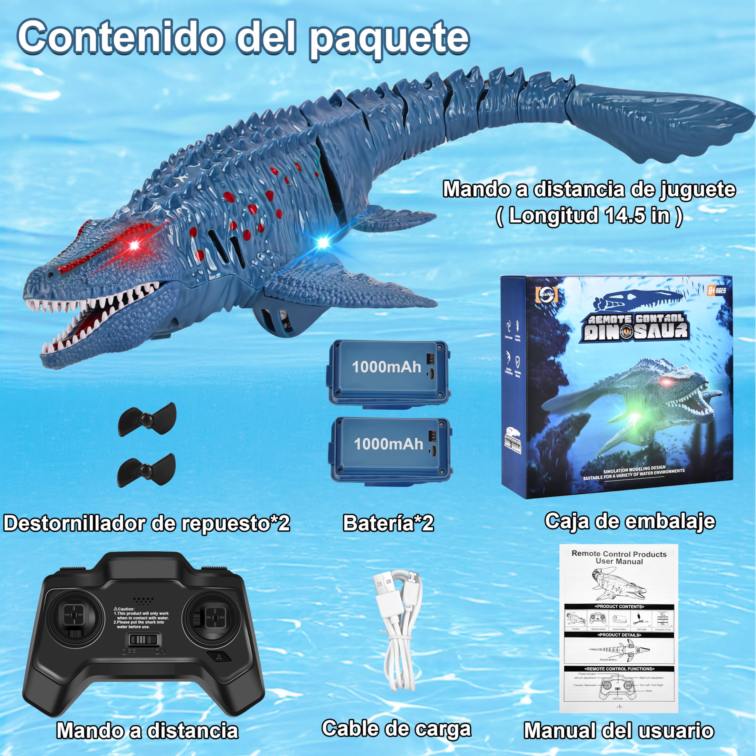IEEILULU Barcos Teledirigido RC Mosasauru, 2.4GHz Barco Tiburón Dinosaurio Eléctrico con Luces y USB, Juguete Acuático Teledirigido, Regalo para Niños Mayores de 8+ Años Piscina y Lagos (Azul)