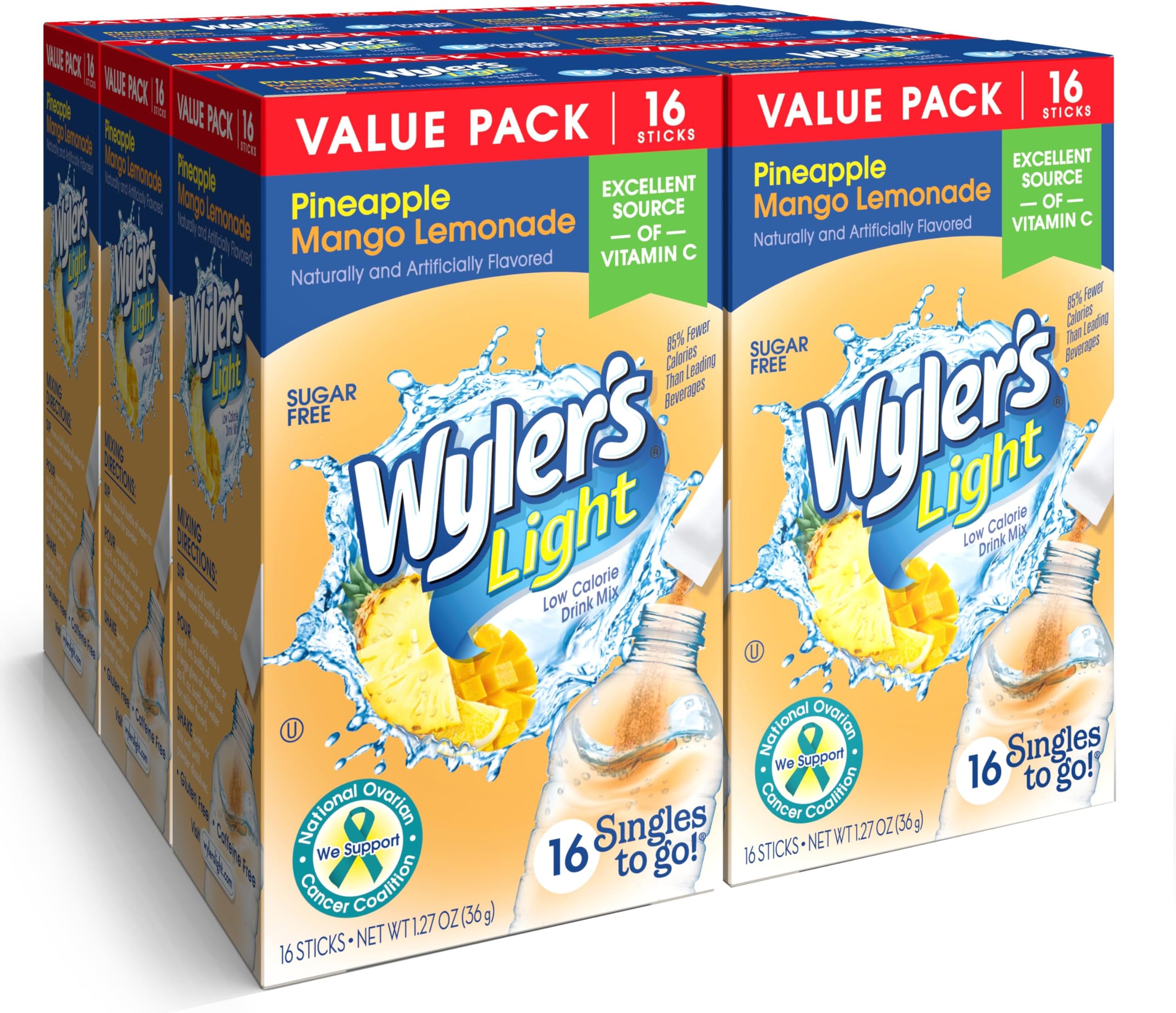 Wyler's Light Singles To Go Powder Packets, Water Drink Mix, 16 Count, 6 Boxes (96 Single Servings) (Pineapple Mango Lemonade)