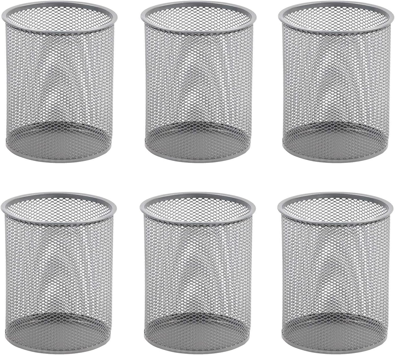 YBM HOME Office Round Desk Steel Mesh Pencil Cup Pen Holder Silver, 2210-6 Pack of 6