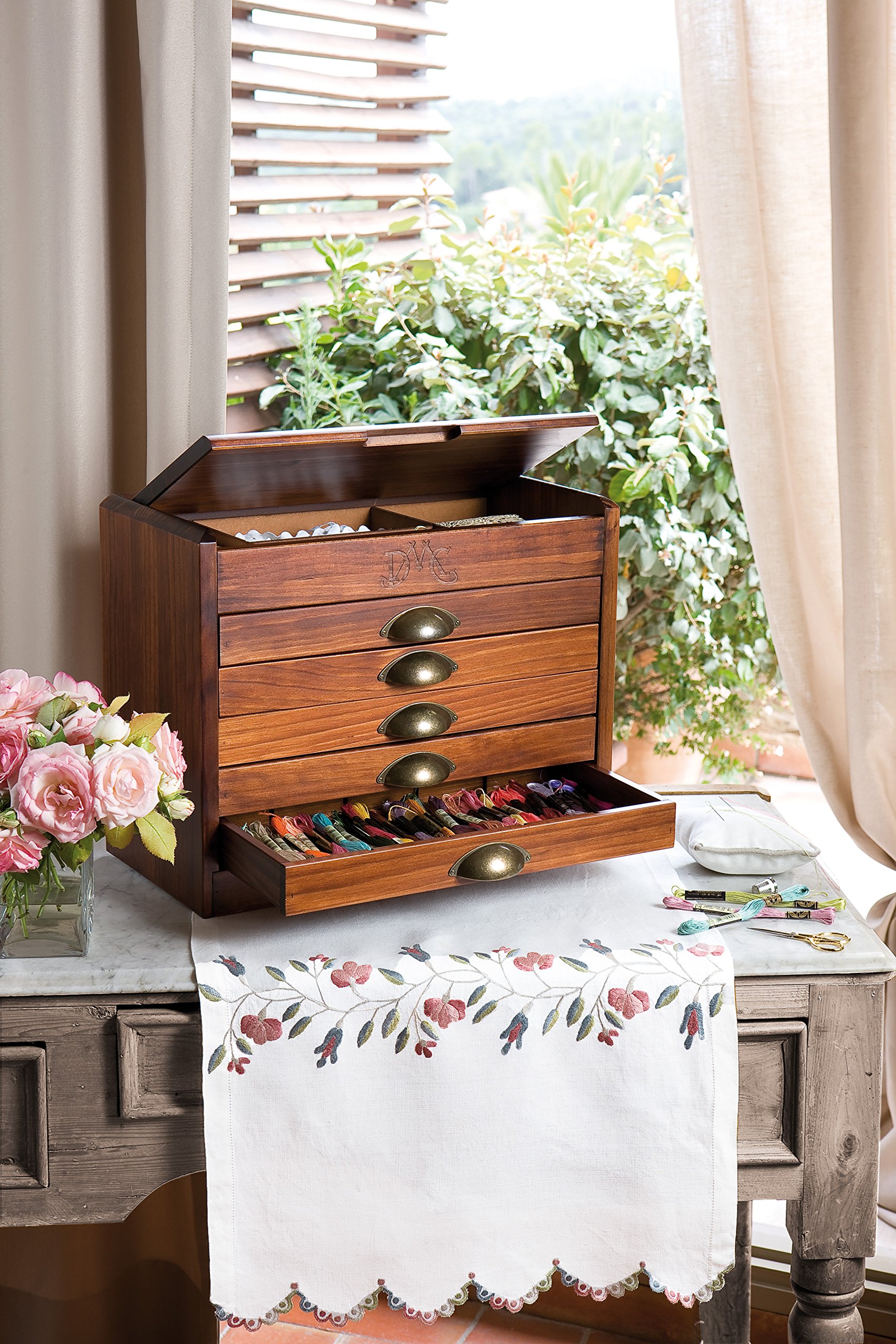 DMC Vintage wooden cabinet filled with all 500 embroidery threads