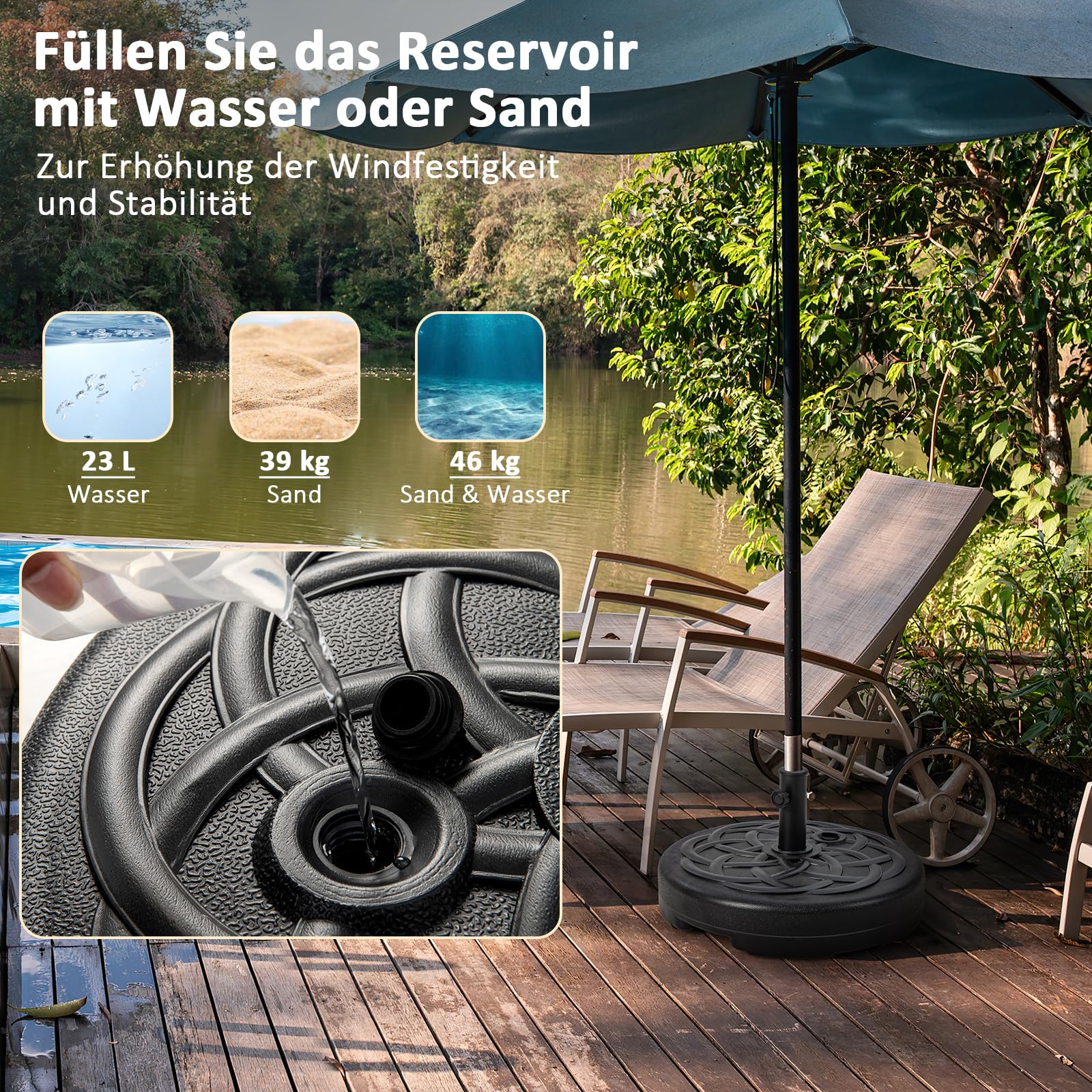Wytrzymały stojak na parasol na drążki 38 mm/48 mm, wypełniany wodą 23 l / 39 kg, piasek, średnica 56 cm, przenośny, z uchwytem, czarny uchwyt na parasol zewnętrzny
