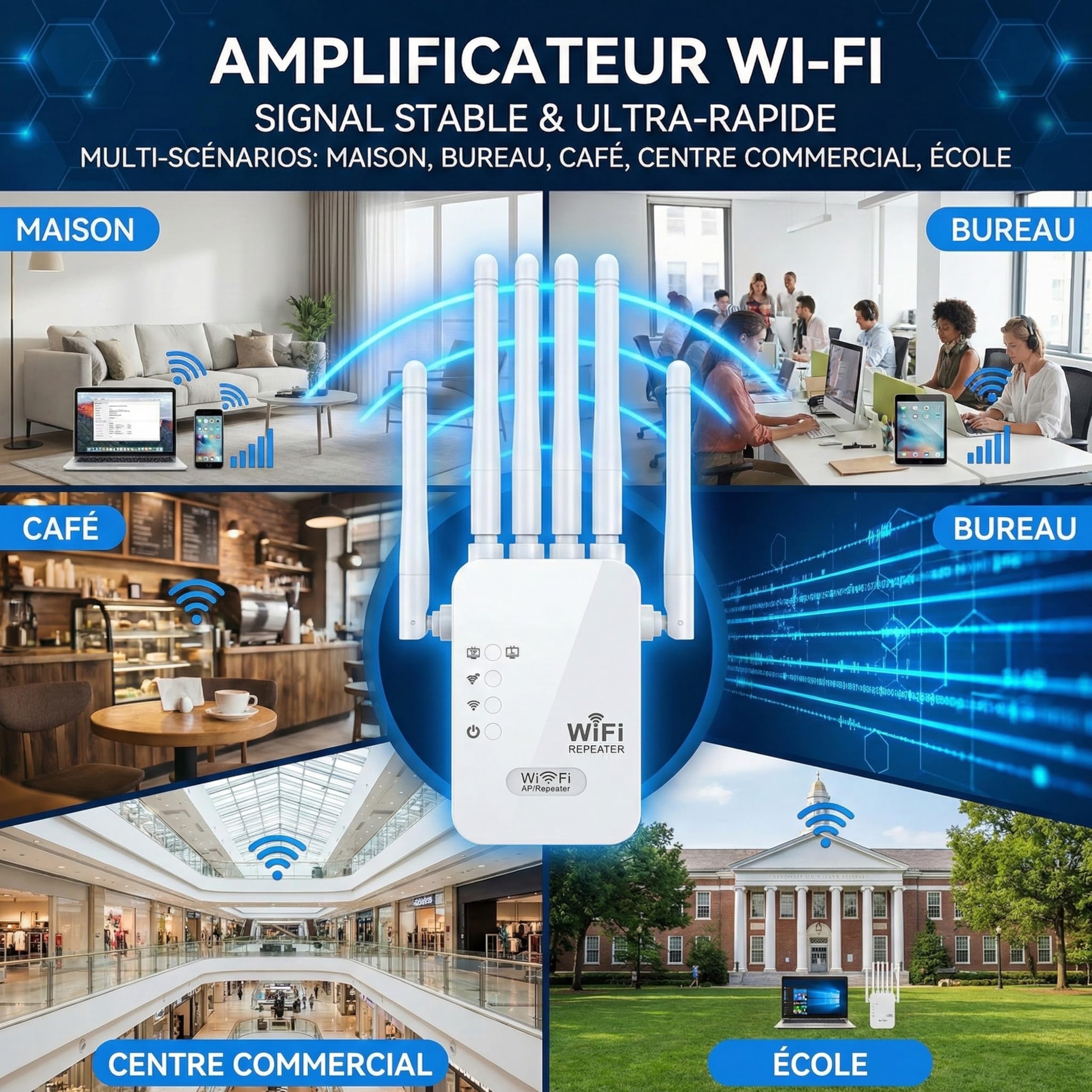 Repeteur WiFi Puissant Amplificateur WiFi de dernière Technologie avec 6 2 Ports LAN antennes Couvrant Une superficie de1000 m²,Mur épais Compatible pour la Maison et Le Bureau