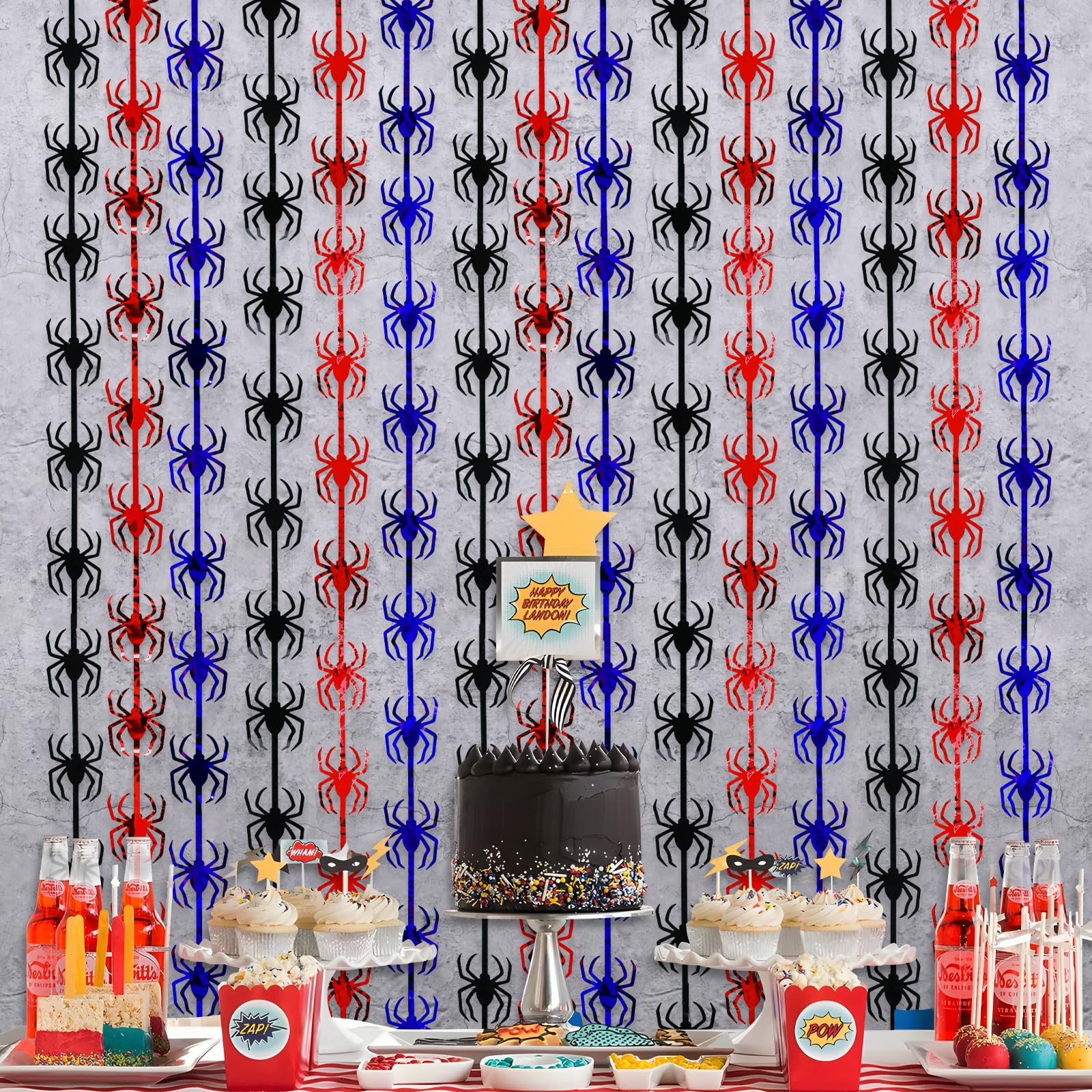 Bupelo Decoraciones de cumpleaños de telaraña, Paquete de 2 Unidades, Suministros de Fiesta de cumpleaños de araña roja, Negra y Azul, 1 x 2 m, Cortinas de Flecos de Papel de Aluminio de oropel para