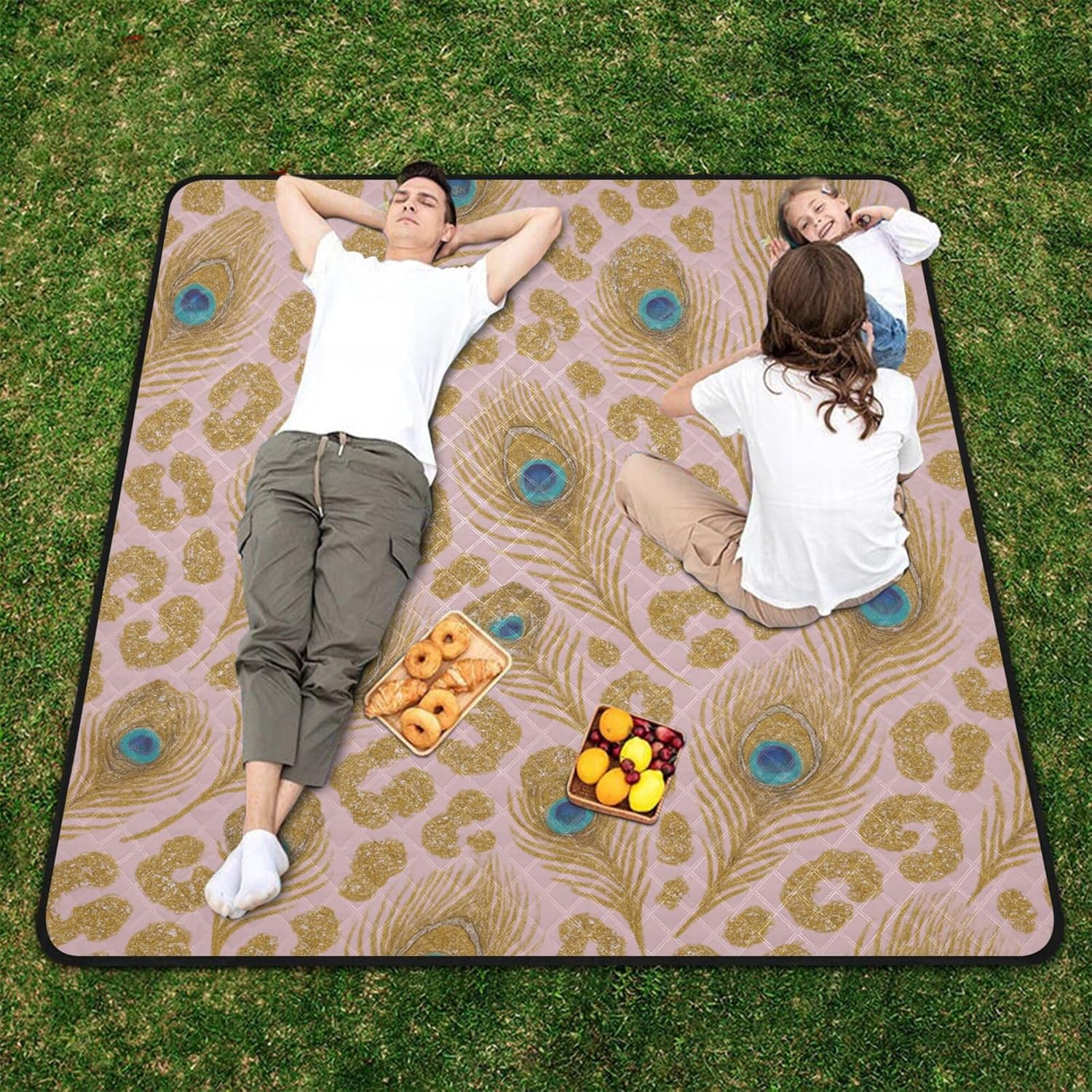 Golden Glitter Pink Leopard Print with Peacock Feathers(1) Waterproof Picnic Table Large Outdoor Party Beach Blankets Waterproof Sandproof for Grass Spring Gifts estera para Playa