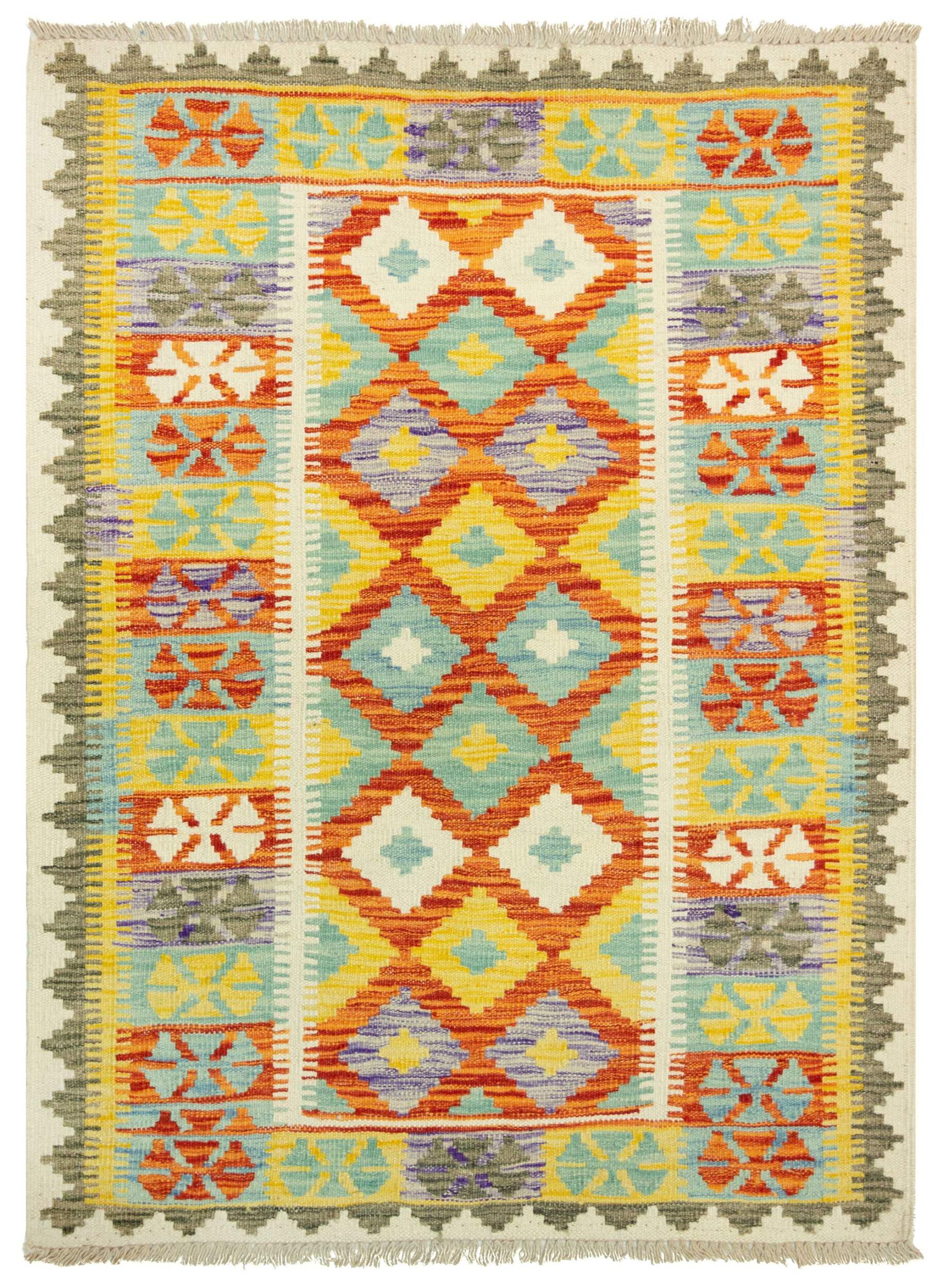 Kilim Tapis 100 % laine 118 x 87 cm, fait à la main, pièce unique de style Herat Boho multicolore, tissage plat, tapis d'entrée et chambre