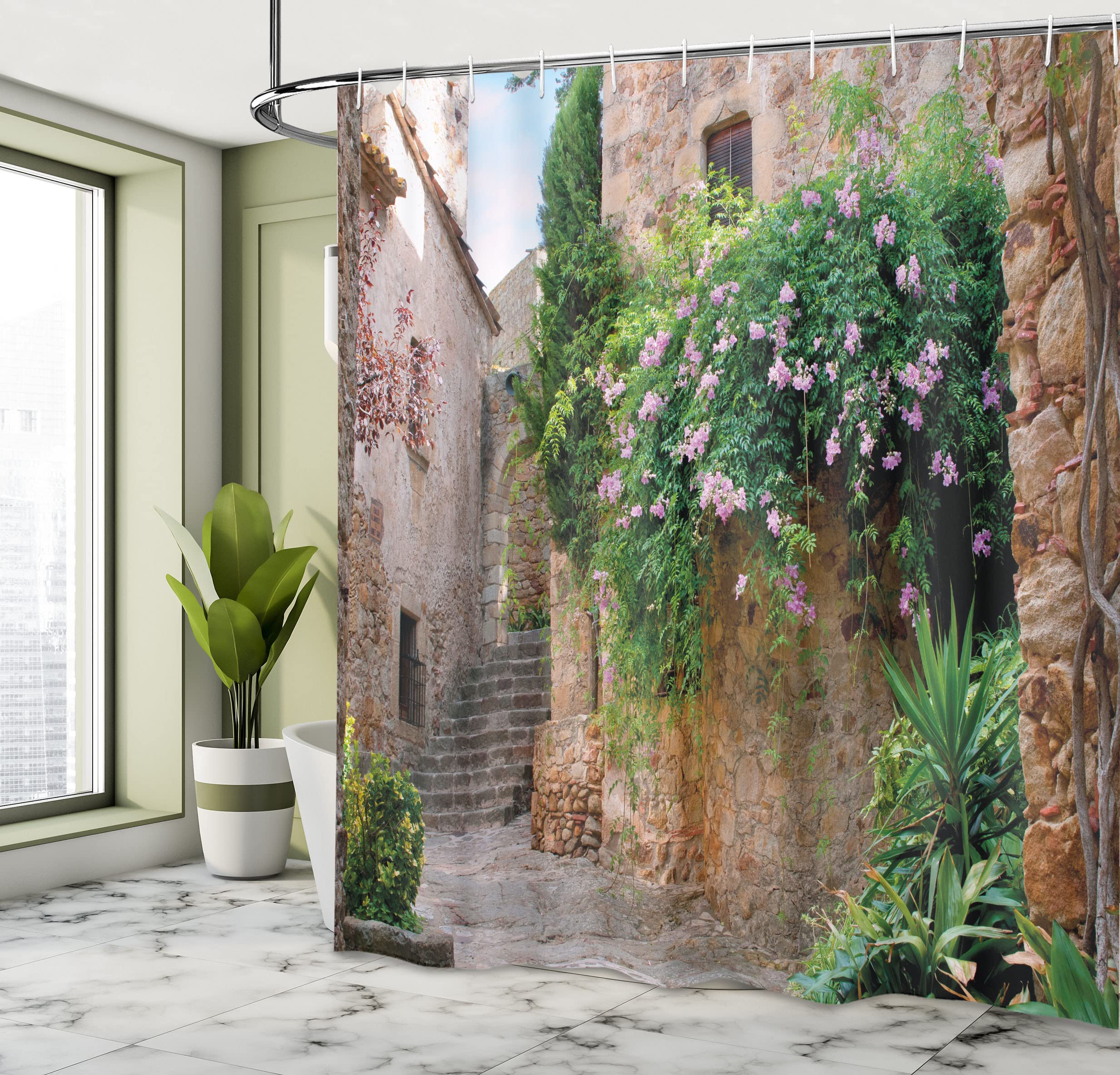 ABAKUHAUS Landscape Shower Curtain, Summer Garden Flowers Marigold Stones Antique House in Spain Art Print - Image 4