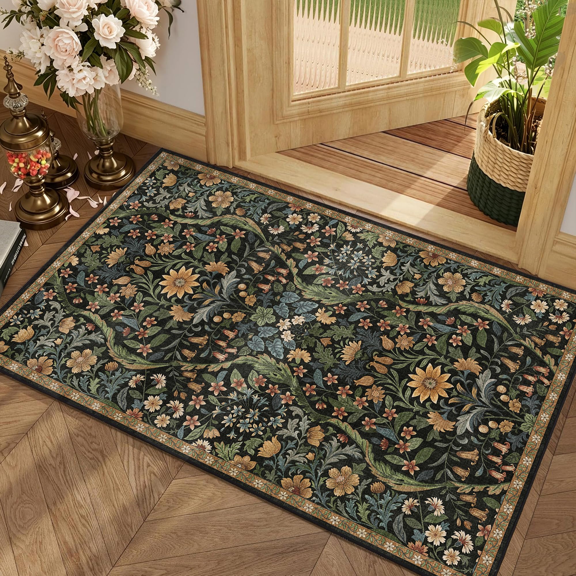Floral 2x3 Entryway Rug Washable Doormat Indoor Throw Rug, Brown