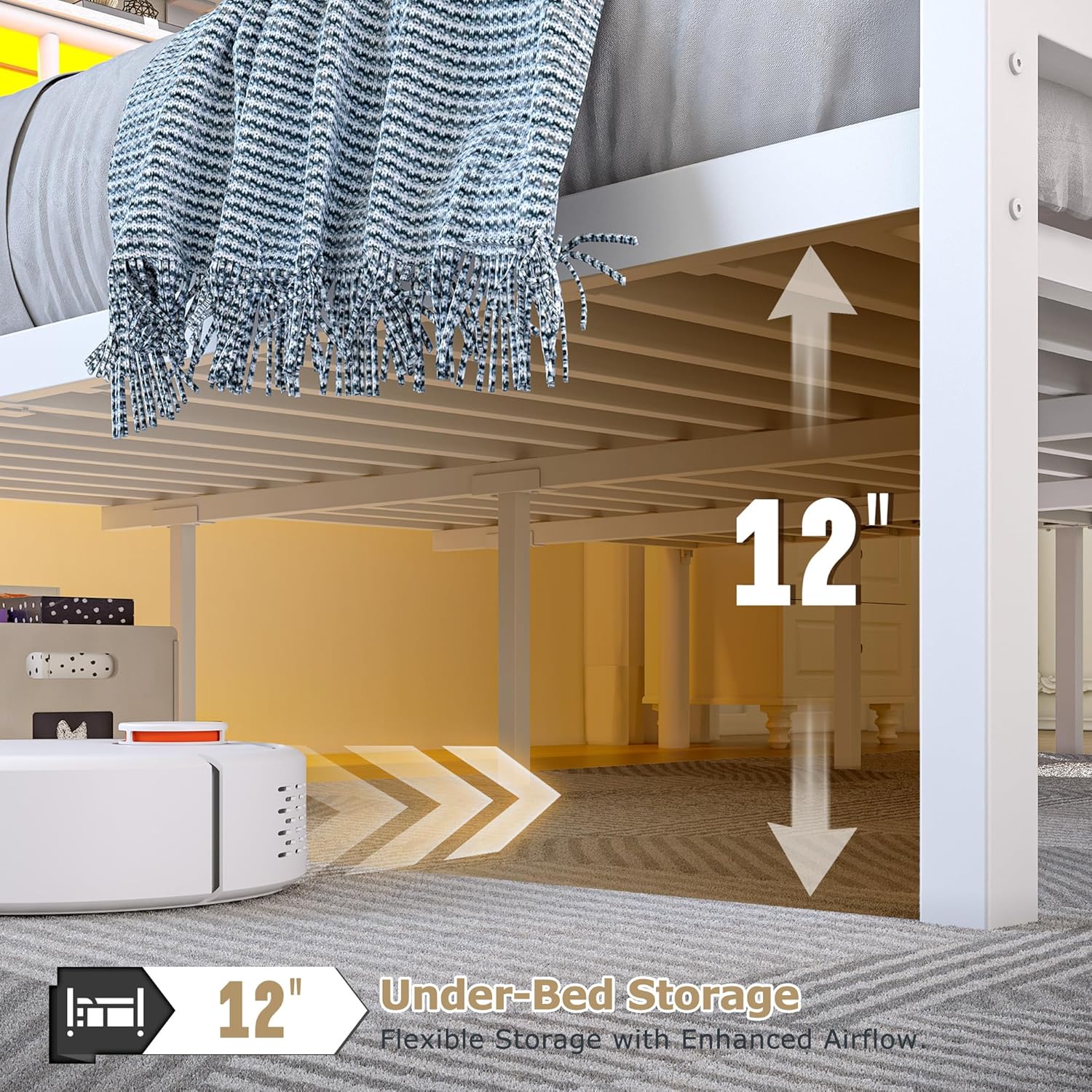 Homkdom Metal King Size Bed Frame and 2-Tier Storage Headboard, Bed Frame King Size with LED Light, Victorian Mattress Foundation Under Bed Storage/No Box Spring Needed/Noise-Free/Easy Assembly, White