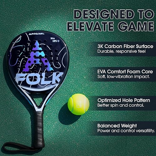 Miniatura 4 de Folk Apparel Raqueta de pádel en fibra de carbono 3K, raquetas profesionales para adultos, ligera y duradera, ultra suave, espuma EVA, raqueta de