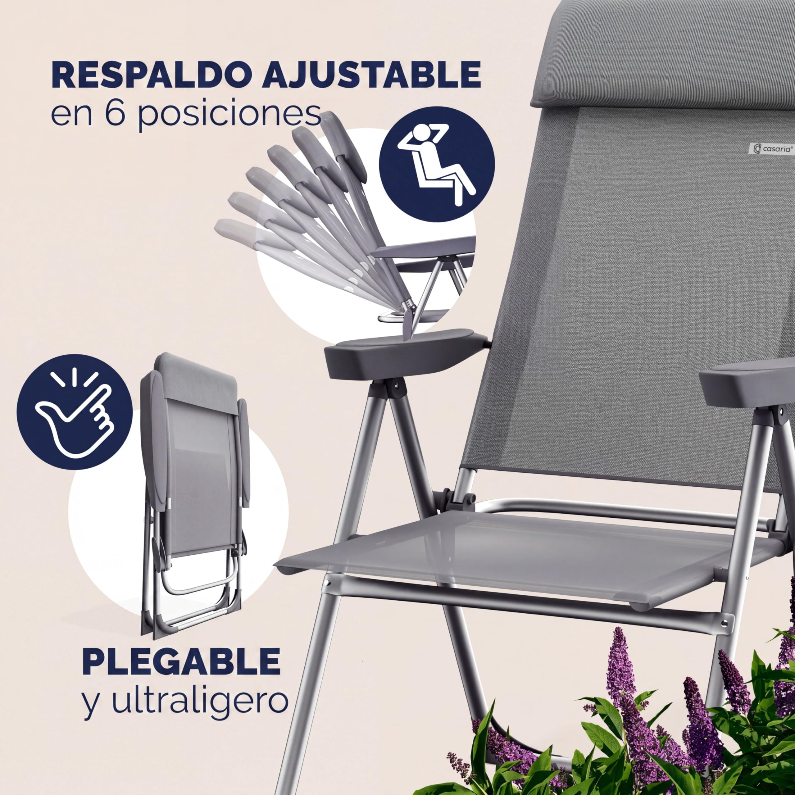 CASARIA® Sillas de Jardín Plegables Set de 2 Respaldo Alto Ajustable en 6 Posiciones Reclinable Marco Aluminio Estables Ligeras Exterior Terraza Balcón Camping