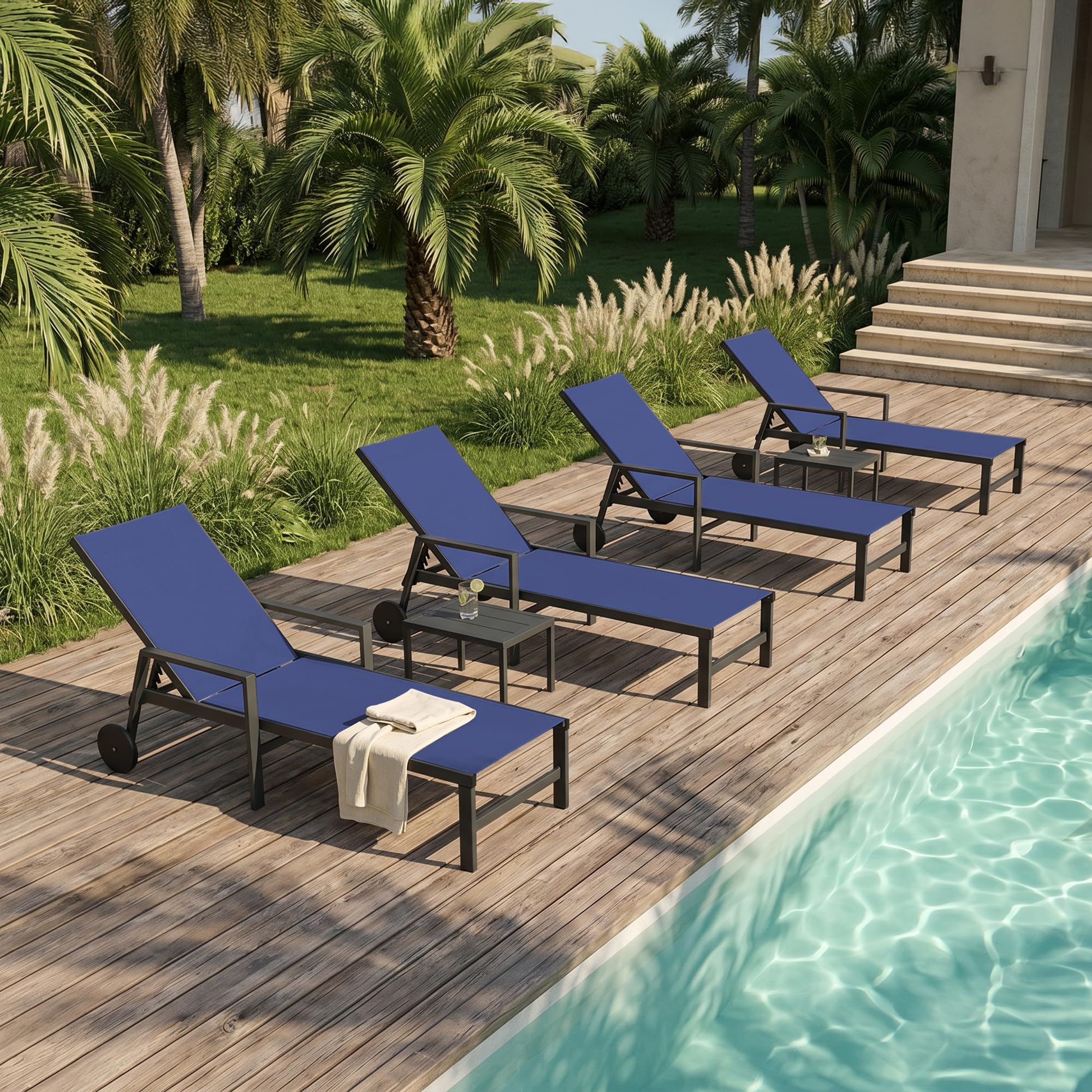 PURPLE LEAF Patio Chaise Lounge with Wheels &amp; Armrests, Navy Blue
