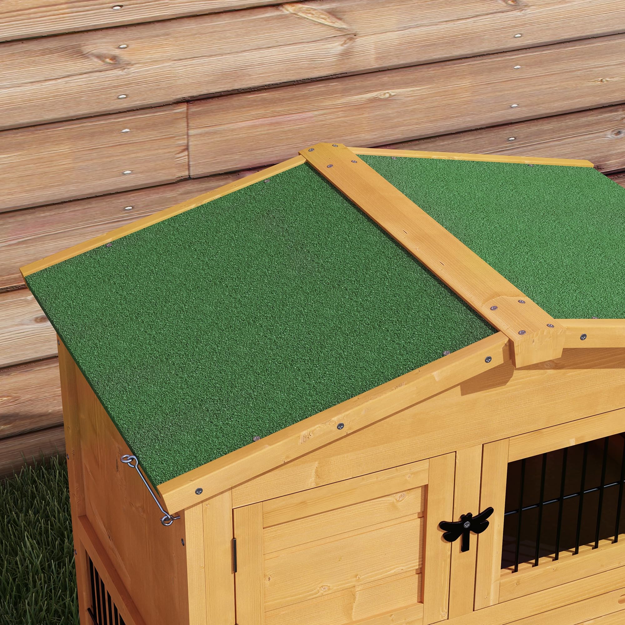 PawHut conejera conejera de 2 niveles de madera de abeto a prueba de invierno casa de dos pisos con recinto al aire libre rampa 150x52x68 cm jaula de conejo al aire libre conejera de animales pequeños