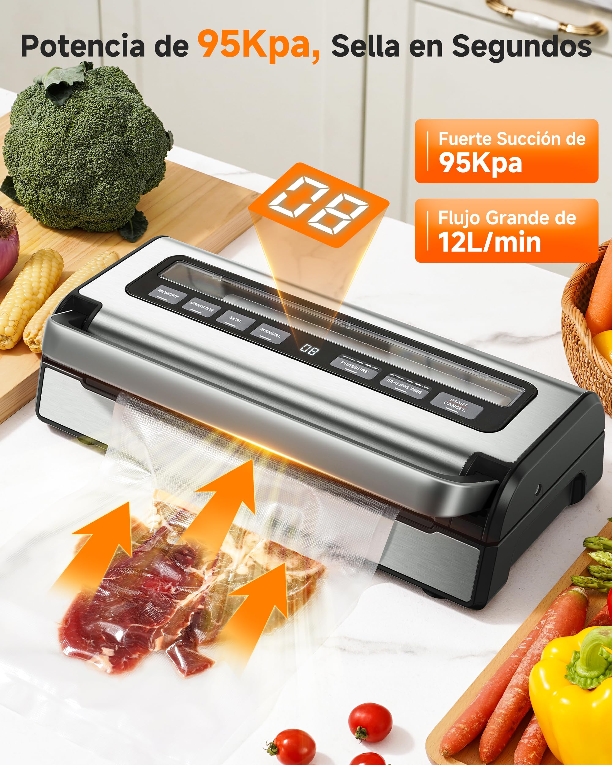 Envasadora al Vacio 95 kPa, 9-in-1 Envasadora al Vacio Domestica con Modo Tiempo & Presión Ajustables, Memoria, Doble Sellado, Cortador & Almacenamiento Integrados, Incl. 2 Rollos & Manguera