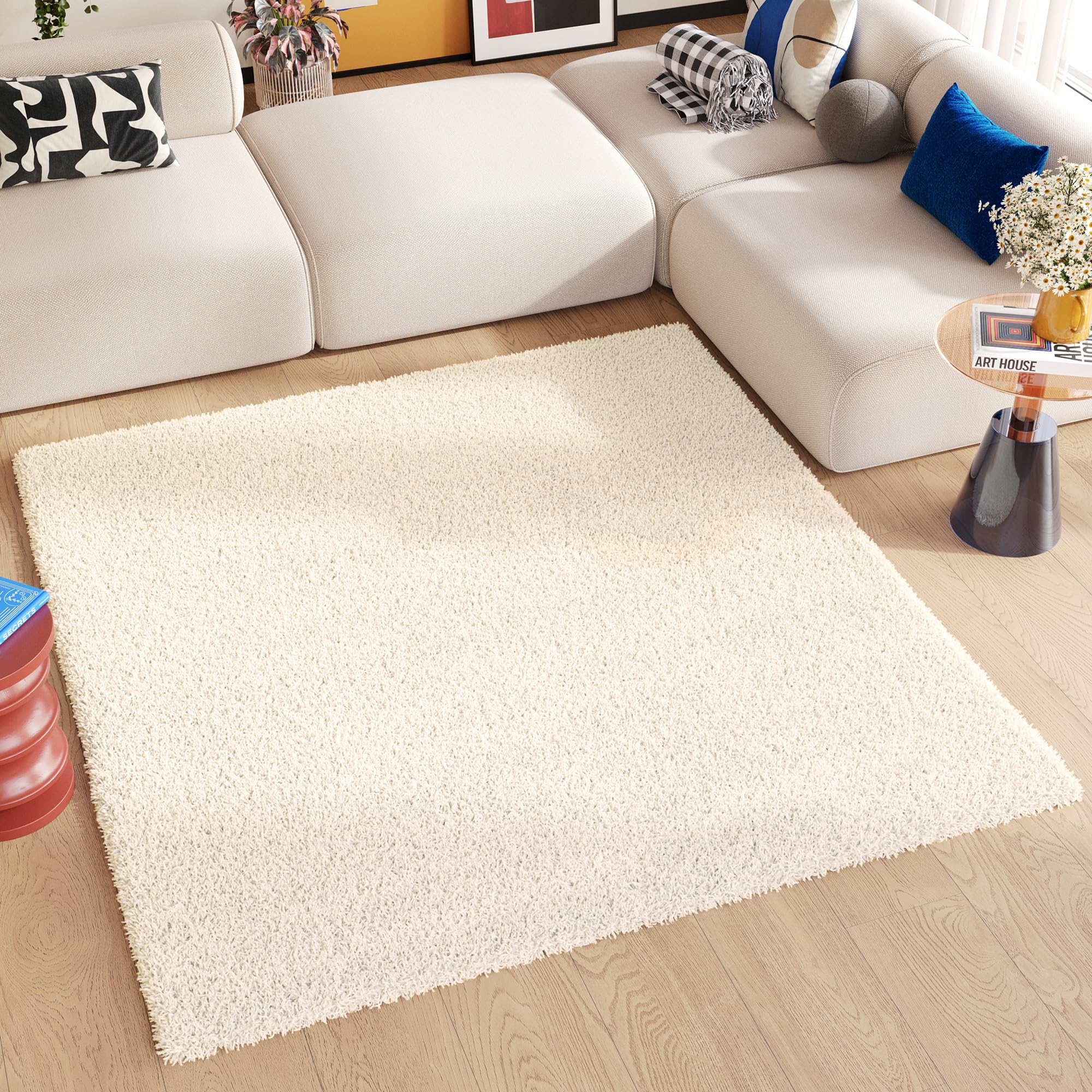 TAPISO Essence Alfombra Shaggy Cuadrada Pelo Largo Moderna Beige Monocolor Alfombra Salón Dormitorio Adulto Niño Cama Escritorio Suave Super Suave Gruesa Oeko-Tex 200 x 200 cm
