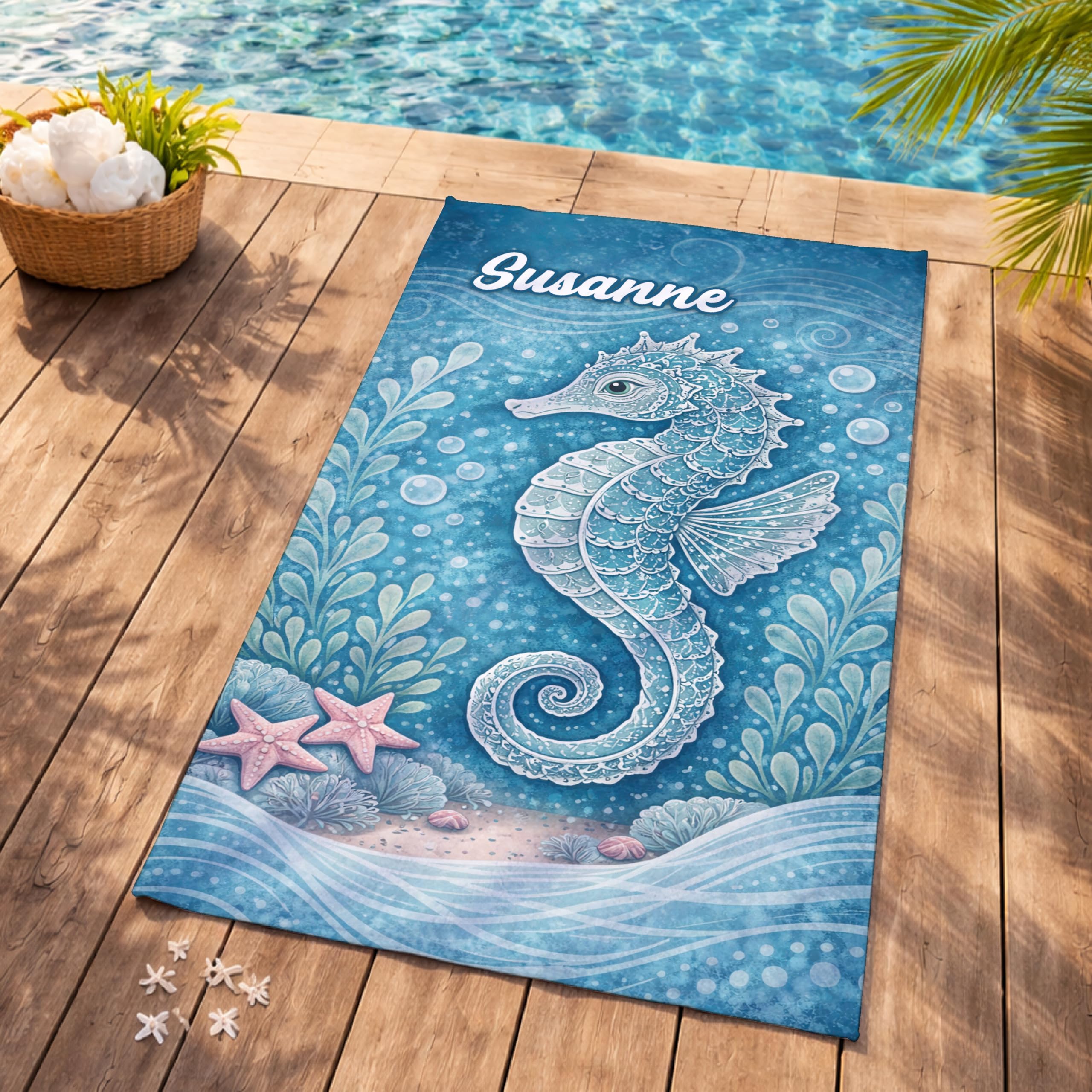 Handtuch mit Name personalisiert, Badetuch Duschtuch Strandtuch Saunatuch individuell Bedruckt für Erwachsene & Kinder (Seepferdchen, 100 x 180 cm)