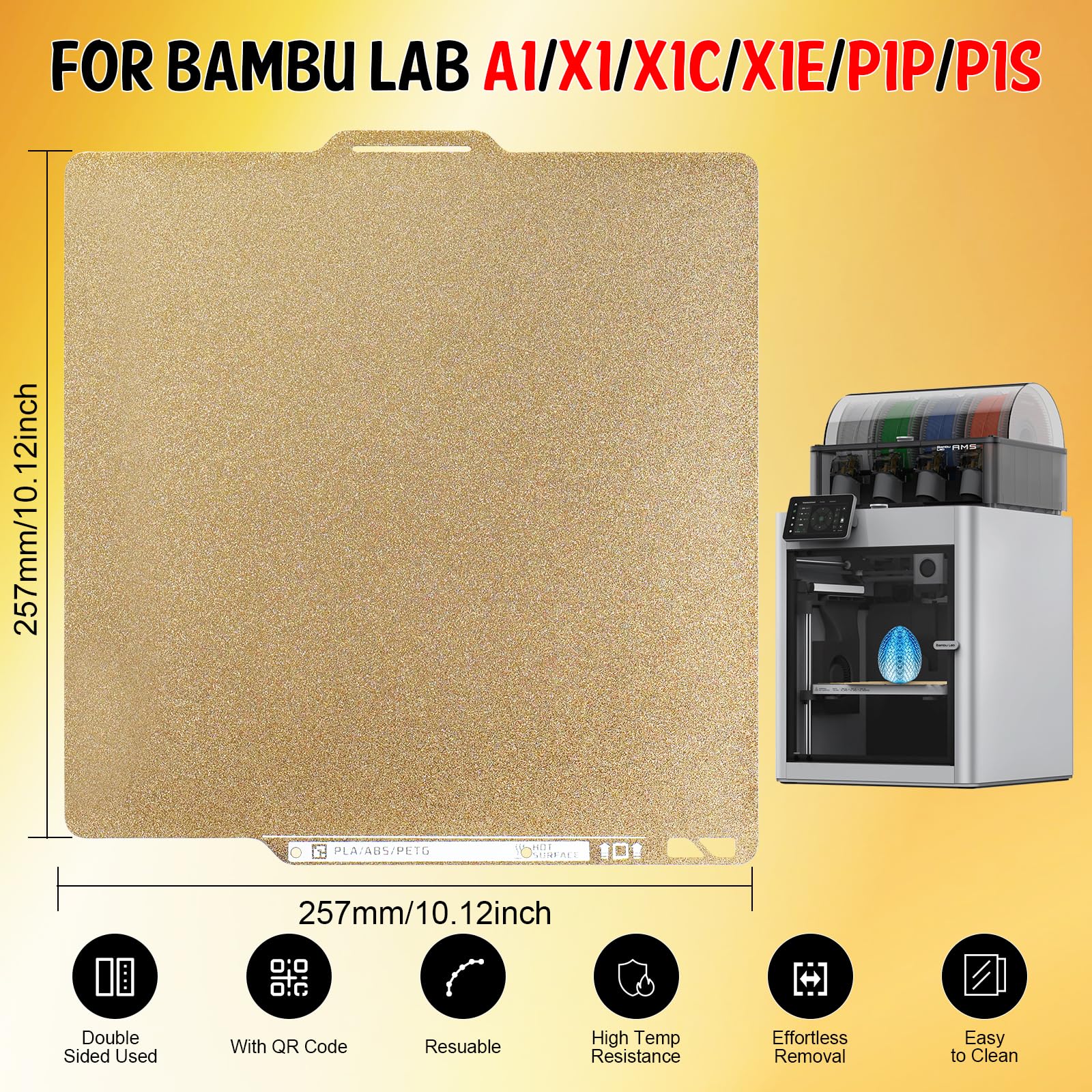 Textured PEI płyta drukarska 257x257mm do Bambulab X1 X1C X1E P1P P1S P2S A1, Smooth PEI Spring Steel łóżko drukarskie z kodem QR PEI Build Plate do platform drukarek 3D Bambu Lab