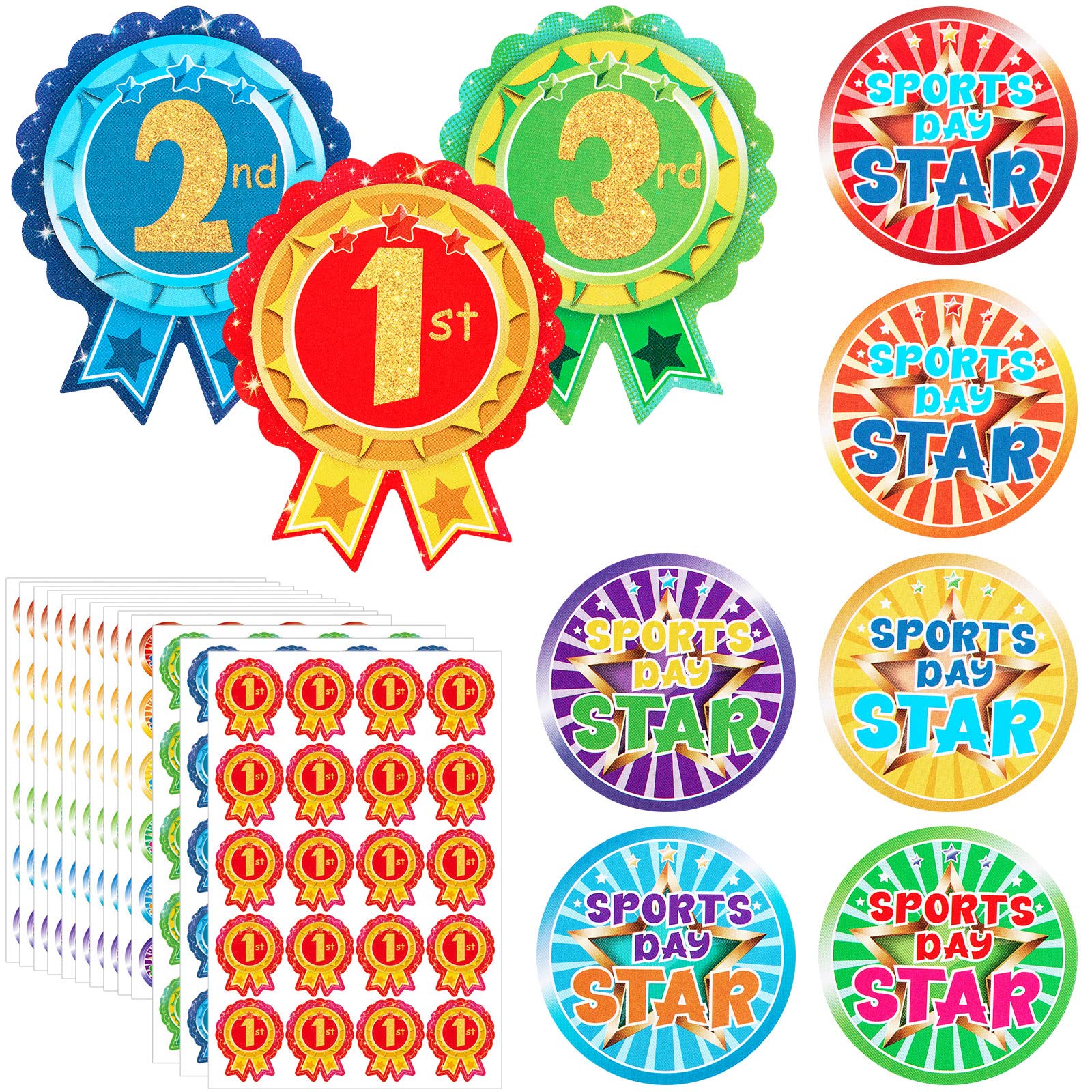 Tenare 300 Sports Day Stickers for Kids 240 Star Animal & 60 1st 2nd 3rd Participation Rosette Award Stickers for School PE for Events Competitions and Classroom Rewards(Classic Style)