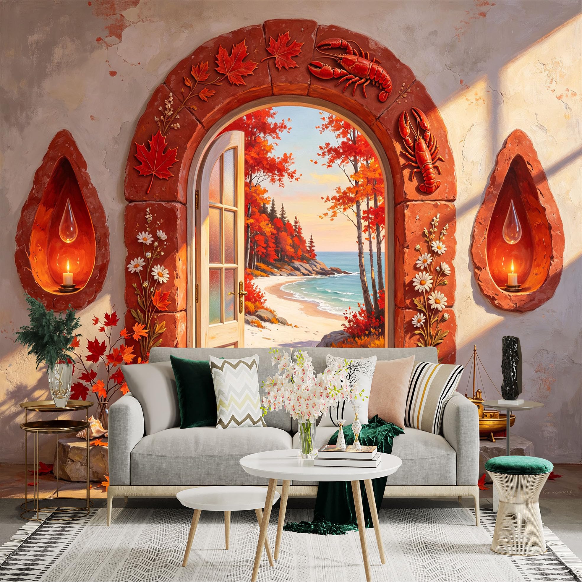 Custom Size Wall Sticker Mural， Autumn Coastal Archway， Red Maple Leaves， Seaside Path and Rustic Door， for wall Decoration， peelandstick wall Decals.