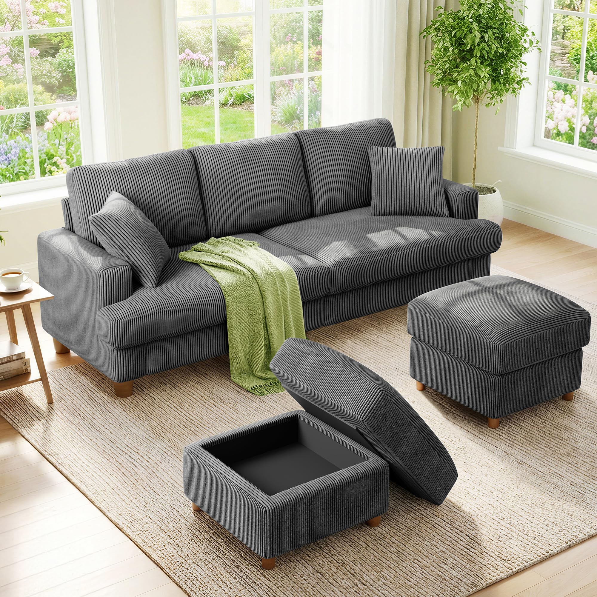Kidirect 87" U Shaped Modular Sectional Sofa &amp; Ottoman Grey Corduroy Couch