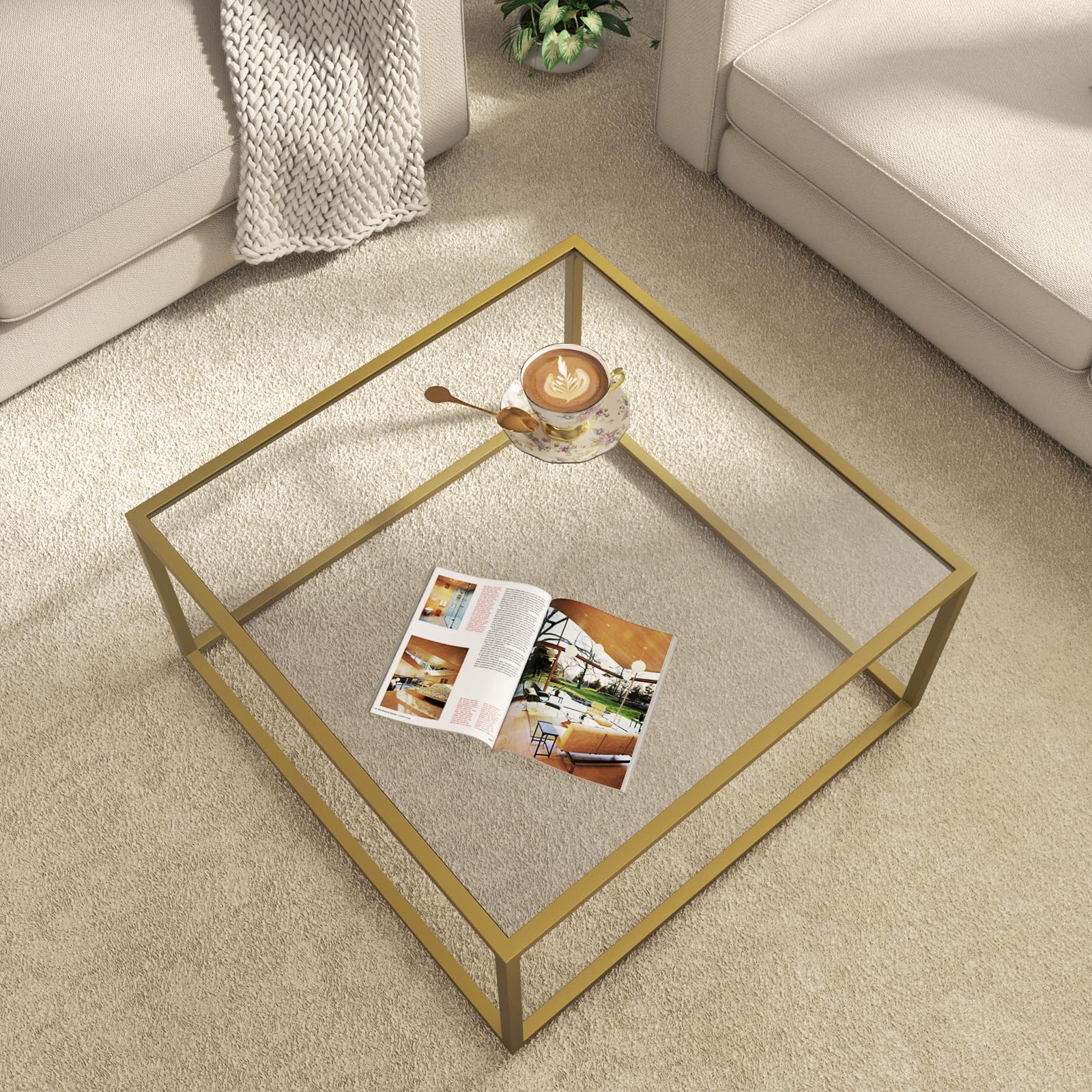 SAYGOERGold Coffee Table Glass Modern Coffee Tables for Small Space Simple Square Center Table for Living Room Home Office 68 x 68 x 40cm, Easy Assembly