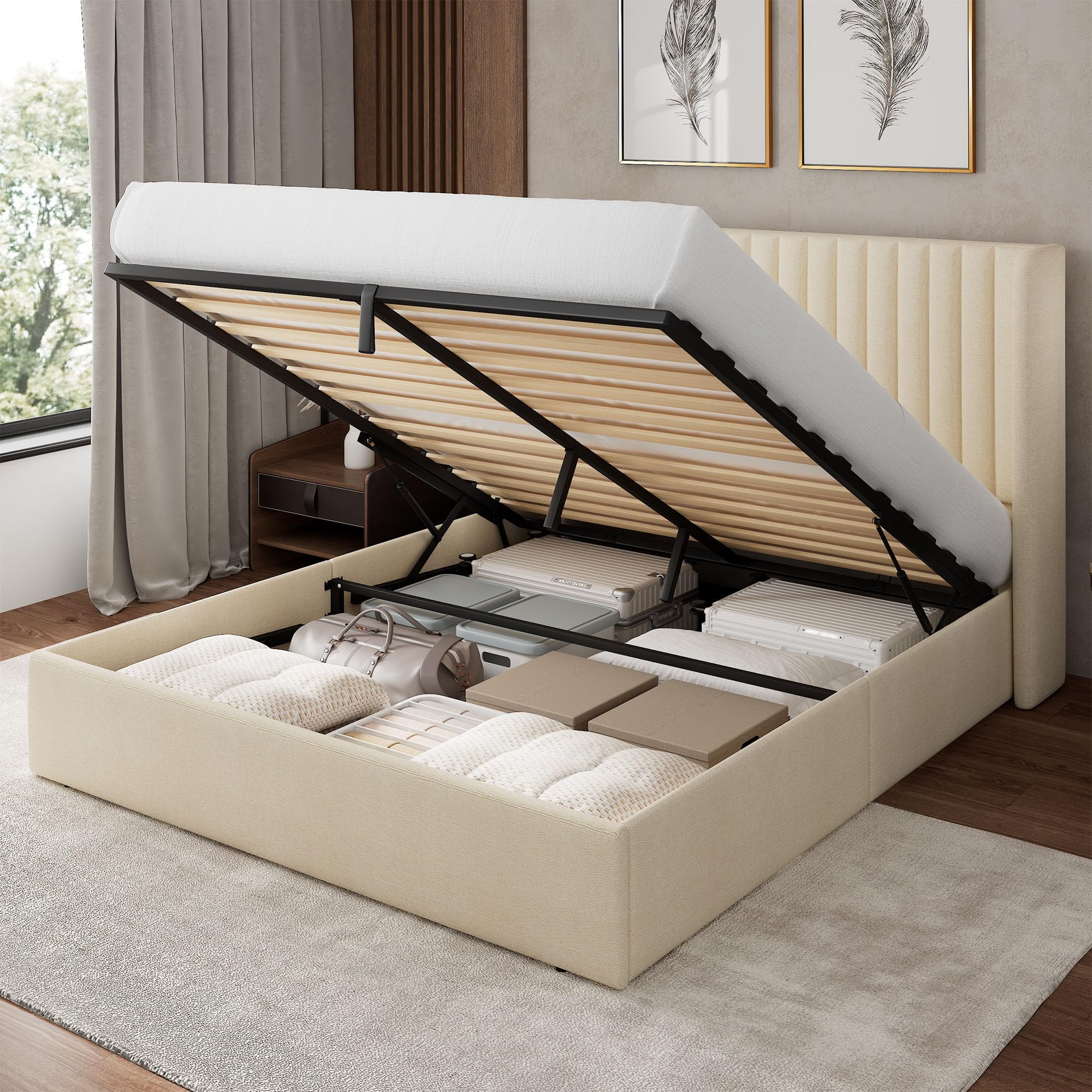 Feonase Queen Size Lift Up Storage Bed Frame, Linen Upholstered Platform Bed Frame with Wingback Headboard, Hydraulic Storage, No Box Spring Needed, Beige