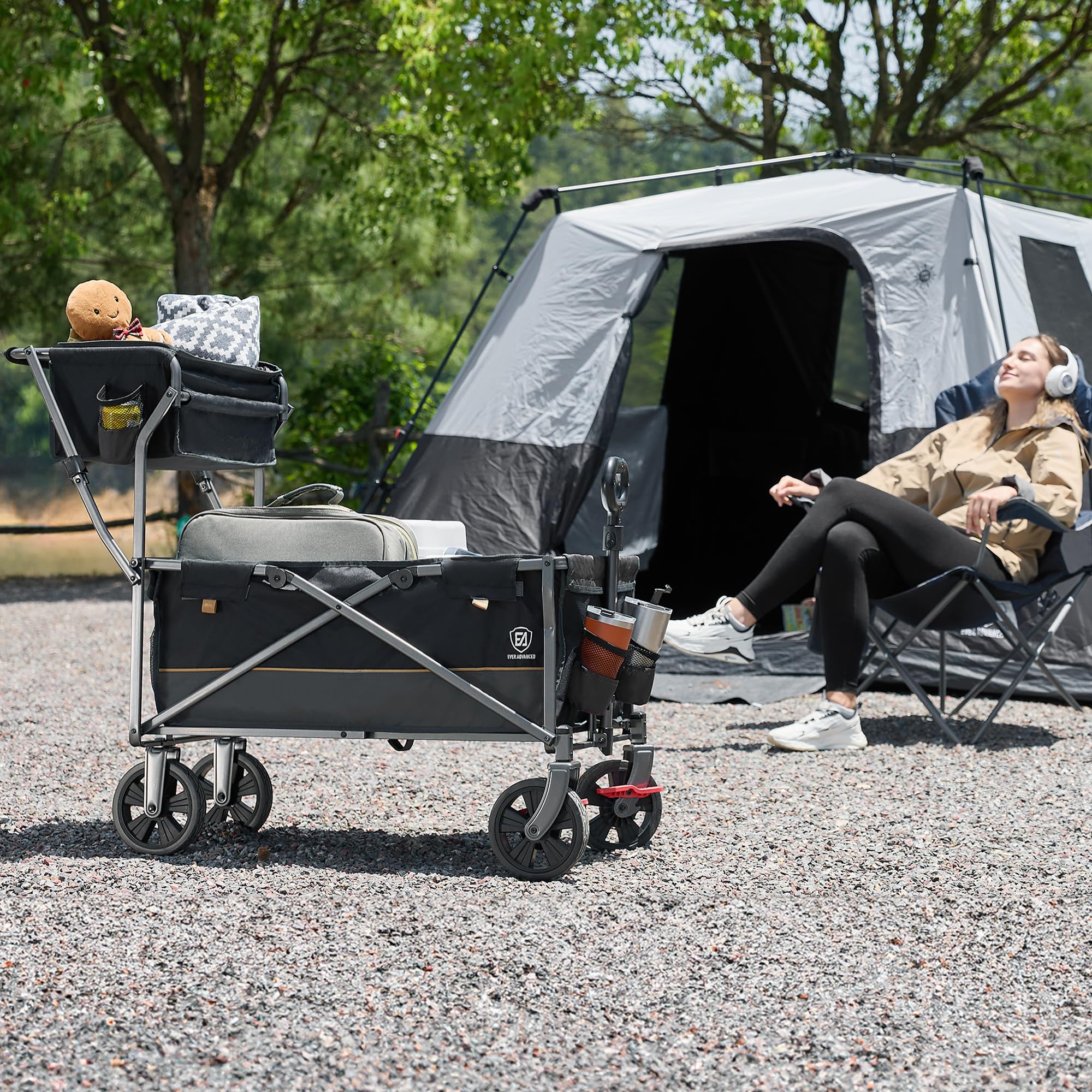 EVER ADVANCED Carro de Transporte Plegable Empujar&Tirar con Freno, Cesta de Compra, portavasos, Bolsillo Lateral, Carrito Plegable, Carro Playa hasta 100kg para Camping, Playa, Compras