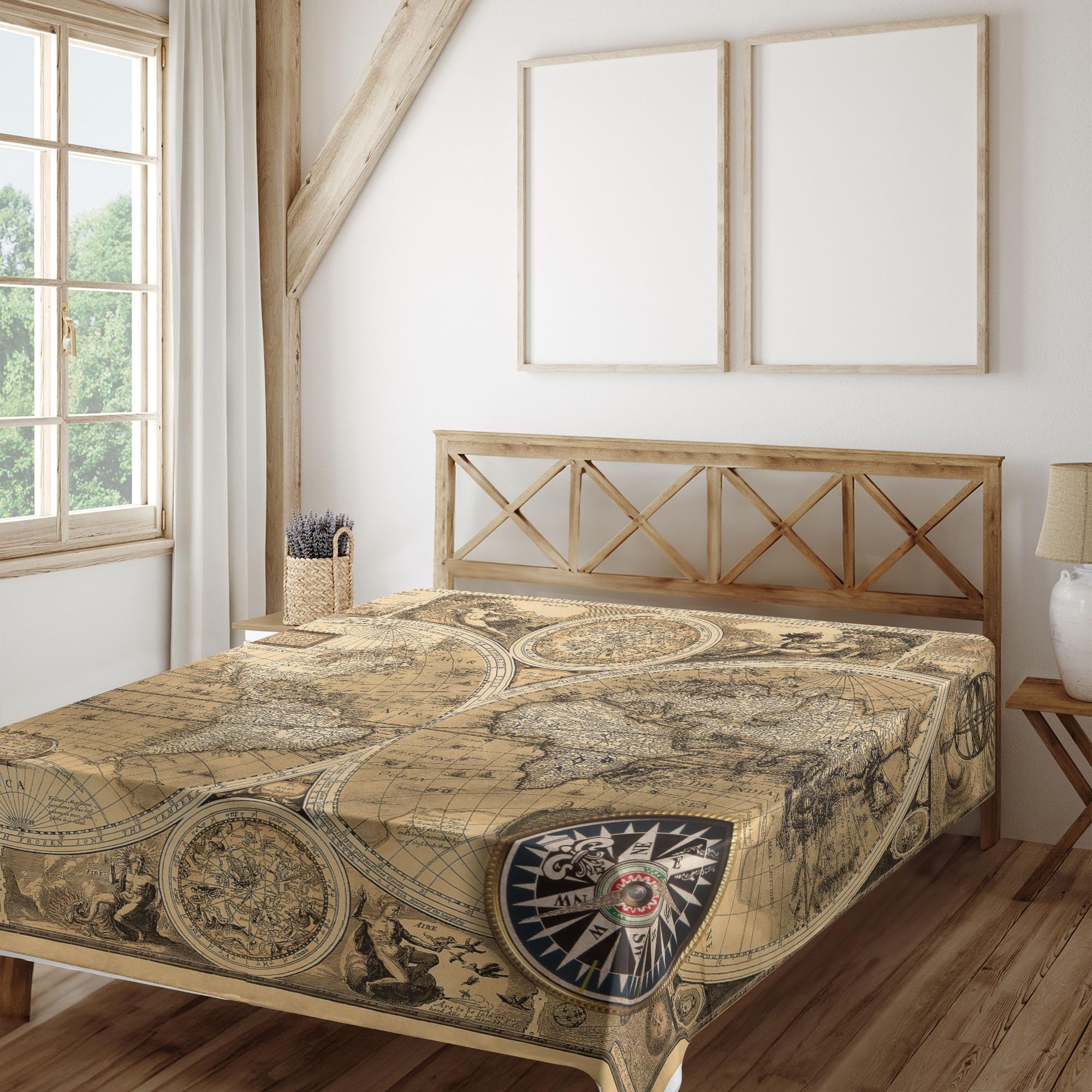 Ambesonne Map Print Flat Sheet, Old Map 1626 a New and Accurate Map of World Historical Manuscript, Soft Comfortable Top Sheet Decorative Bedding 1 Piece, King Size, Pale Brown Black Brown