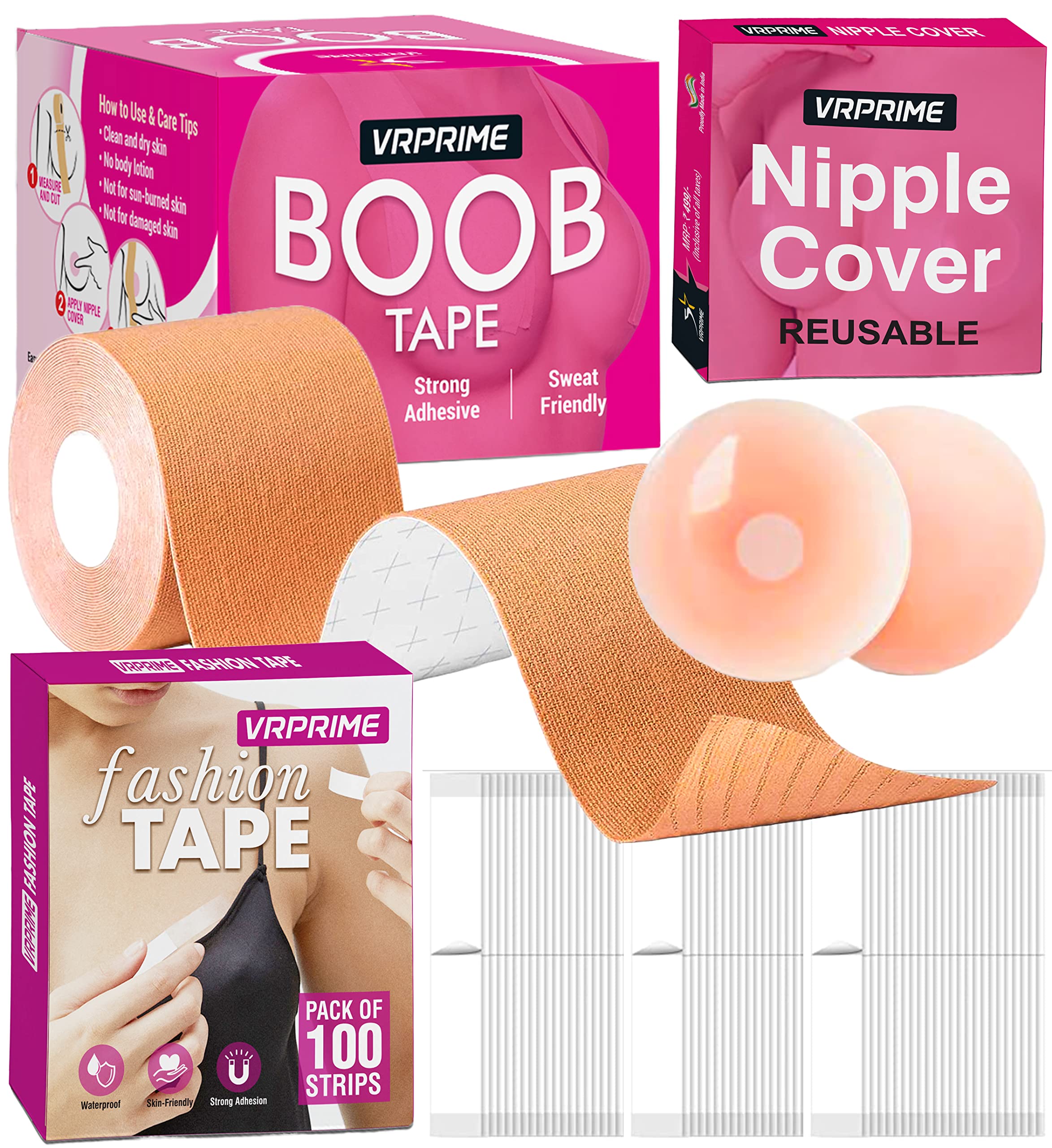 VRPRIME Women Breast Body Tape Combo | Boob Tape, Nipple Pasties Pad, Fashion Tape for Clothes | Fearless Cleavage Cover for Women Clothing | Bra Tape Boobtape for Big Breast, Fake Boobs for Women