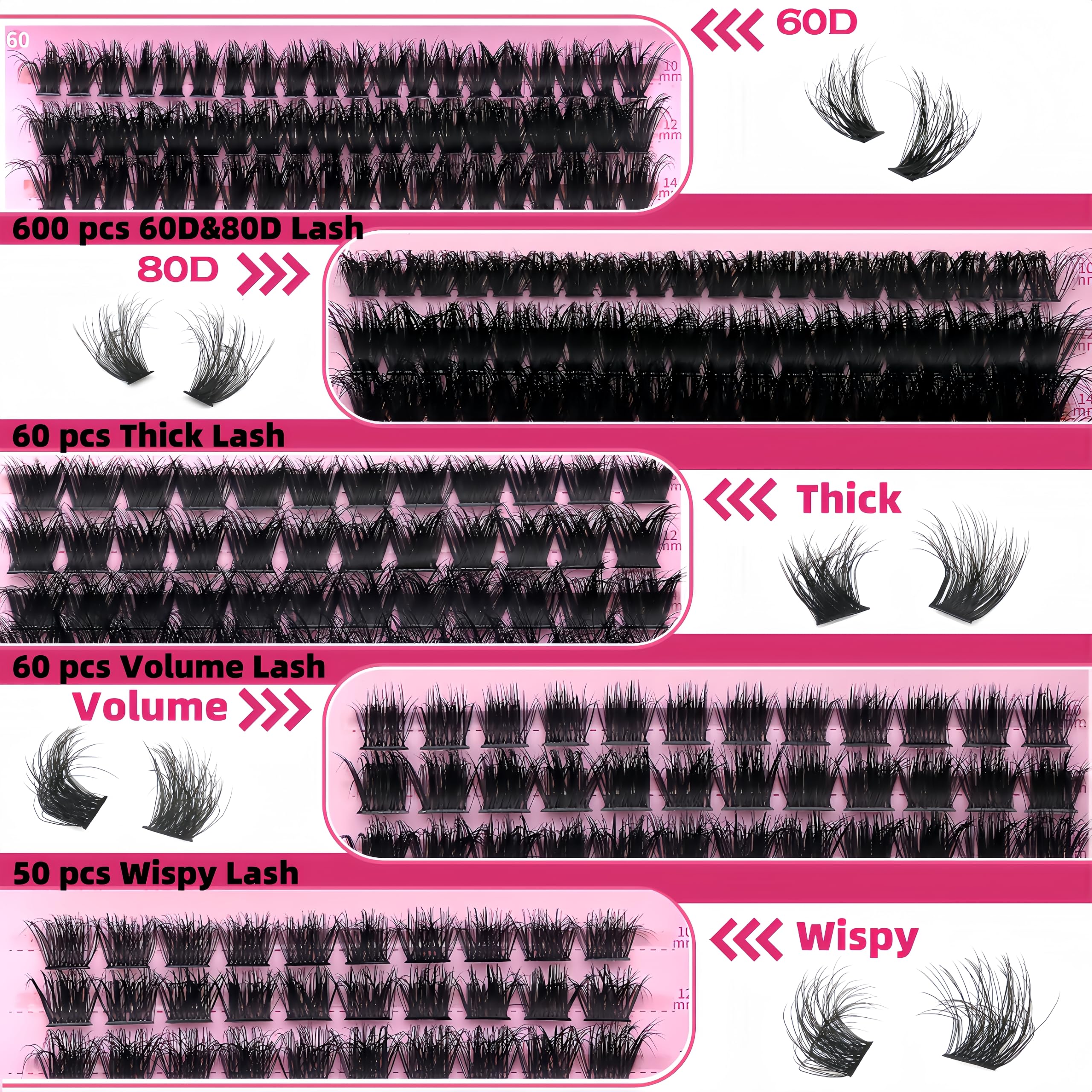 YIDUO Wimpern-Cluster-Set, Geschenkpackung, DIY falsche Wimpern, 5 Stile, gemischte C-Curl, Wispy, flauschiges Volumen, einzelne künstliche Wimpern, Kunstnerz, 770 Stück, Großhandelspackung mit Kleber