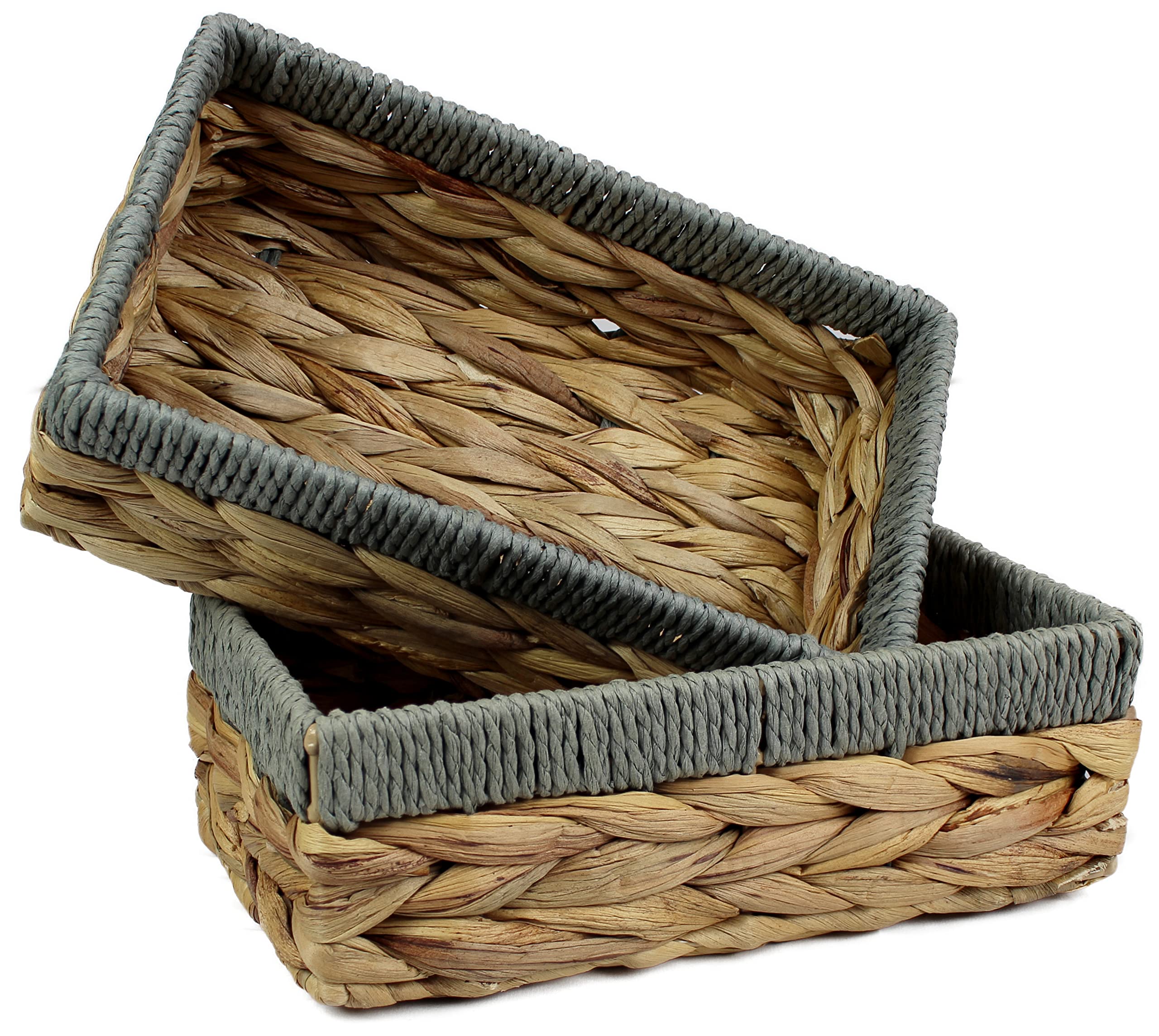Rectangular Water Hyacinth Small baskets for storage Natural and Grey wicker basket shelves open Decorative gift box bathroom mini tray makeup bathroom Kitchen organiser (Small 24cm, 2x Baskets)