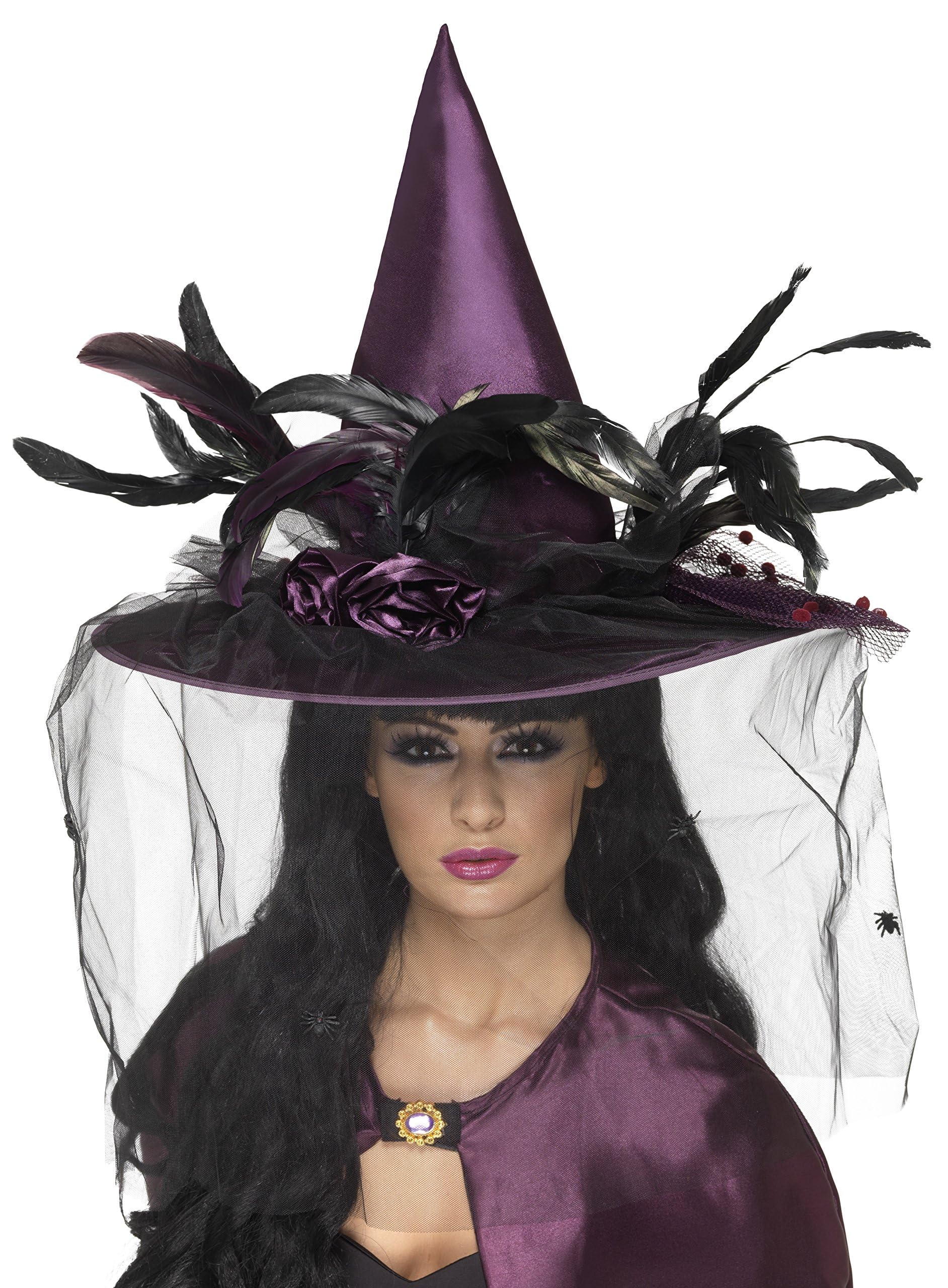 Smiffys Witch Hat, Purple with Feathers & Netting, Deluxe, Halloween Fancy Dress Accessory, Witch Dress Up Hats - Image 2